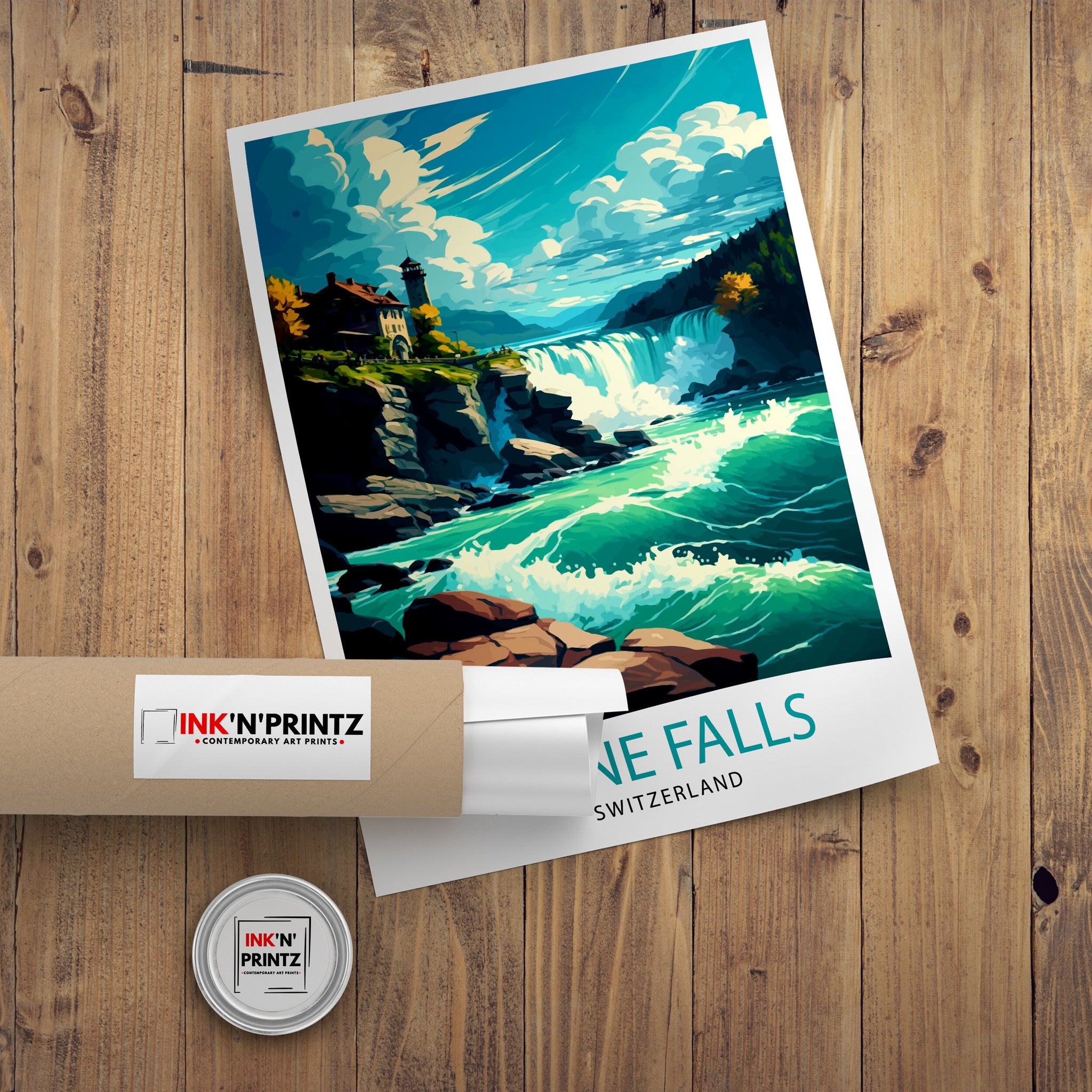 Rhine Falls Switzerland Print, Illustrated Travel Poster