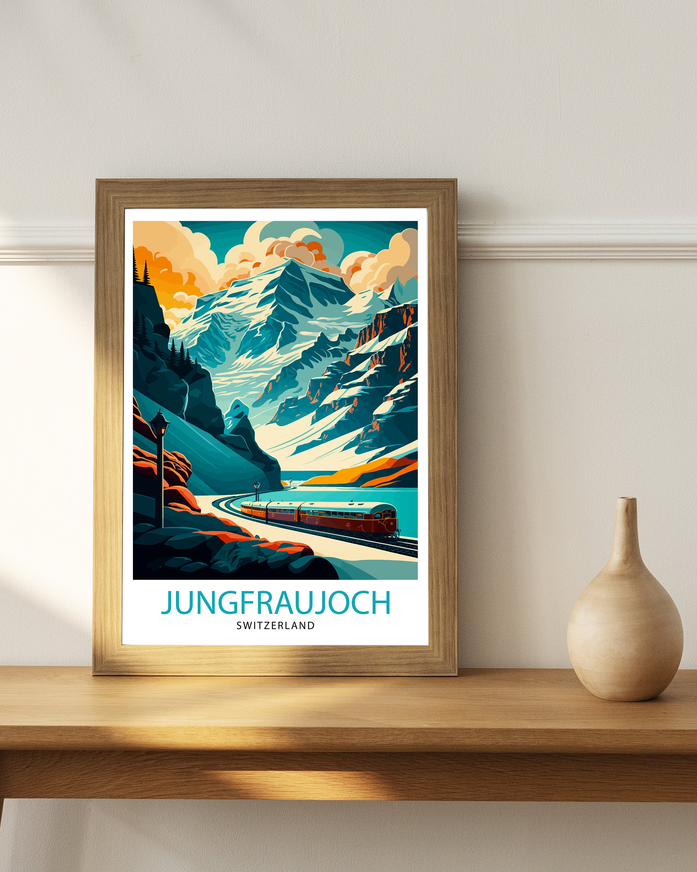 Jungfraujoch Switzerland Travel Poster, Mountain Train Art Print