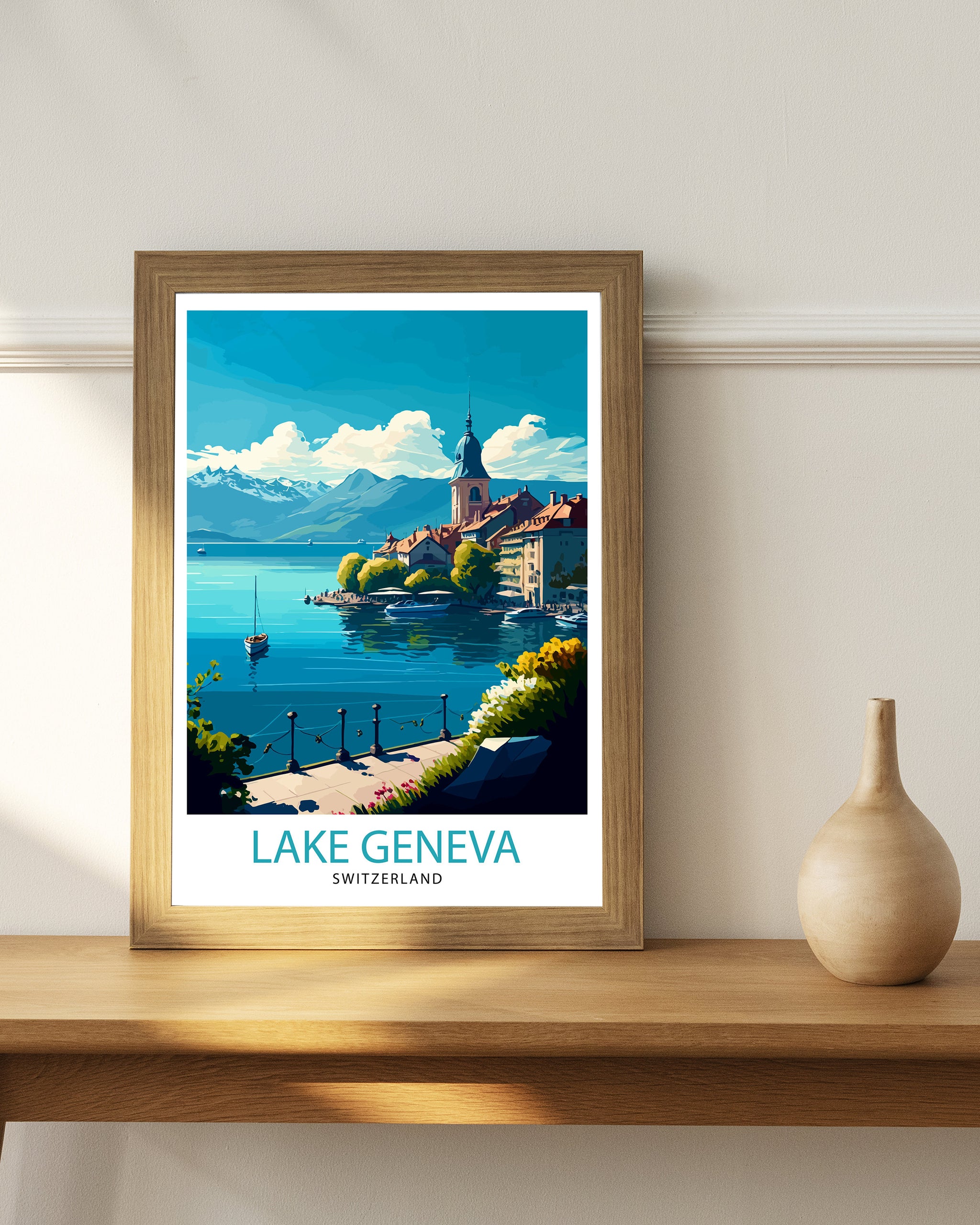 Lake Geneva Switzerland Travel Print Lake Geneva Wall Art Switzerland Travel Poster Lake Geneva Home Decor Lake Geneva Illustration