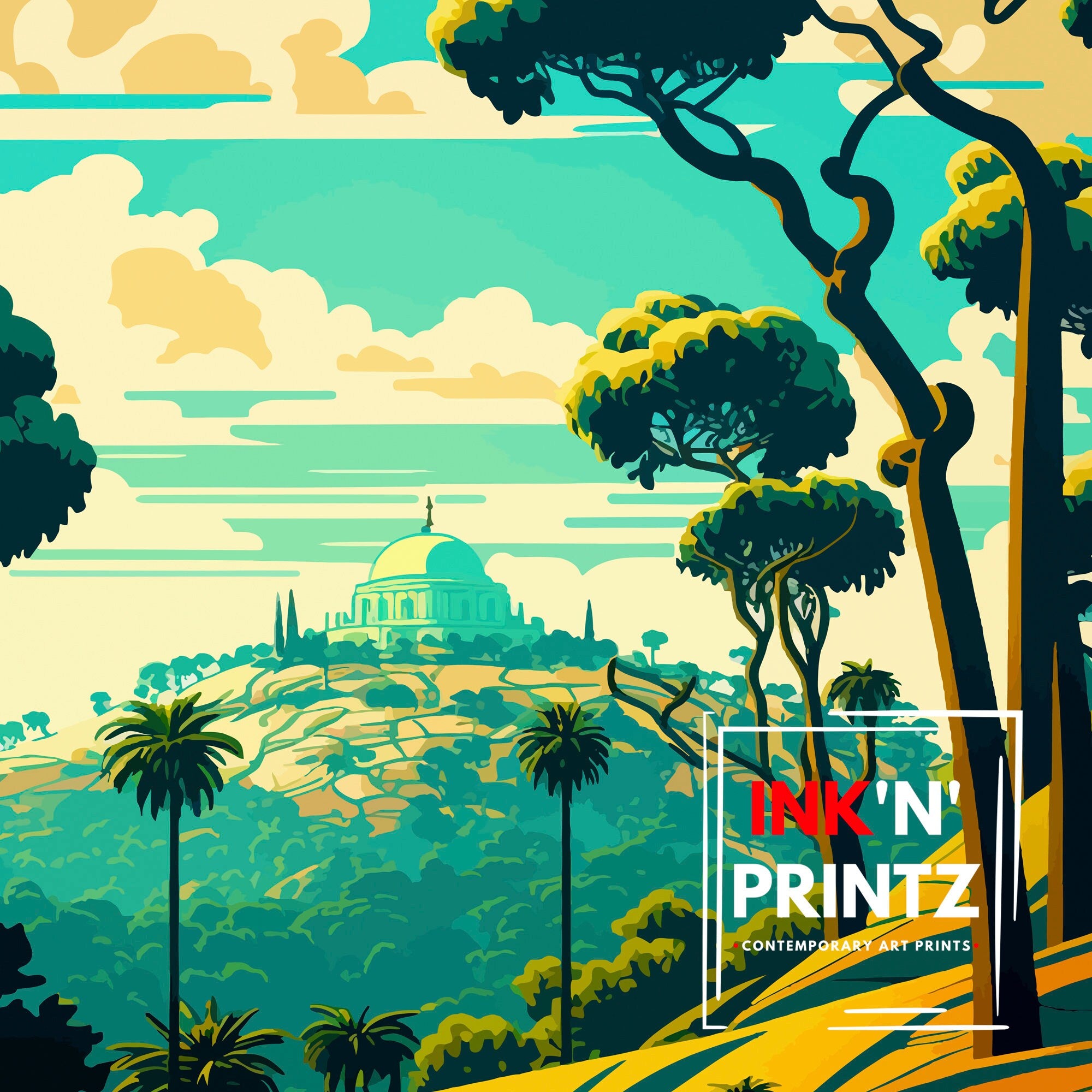 Griffith Park Travel Print| California Wall Art Griffith Observatory Illustration Los Angeles Travel Poster Gift for Griffith Park Hikers