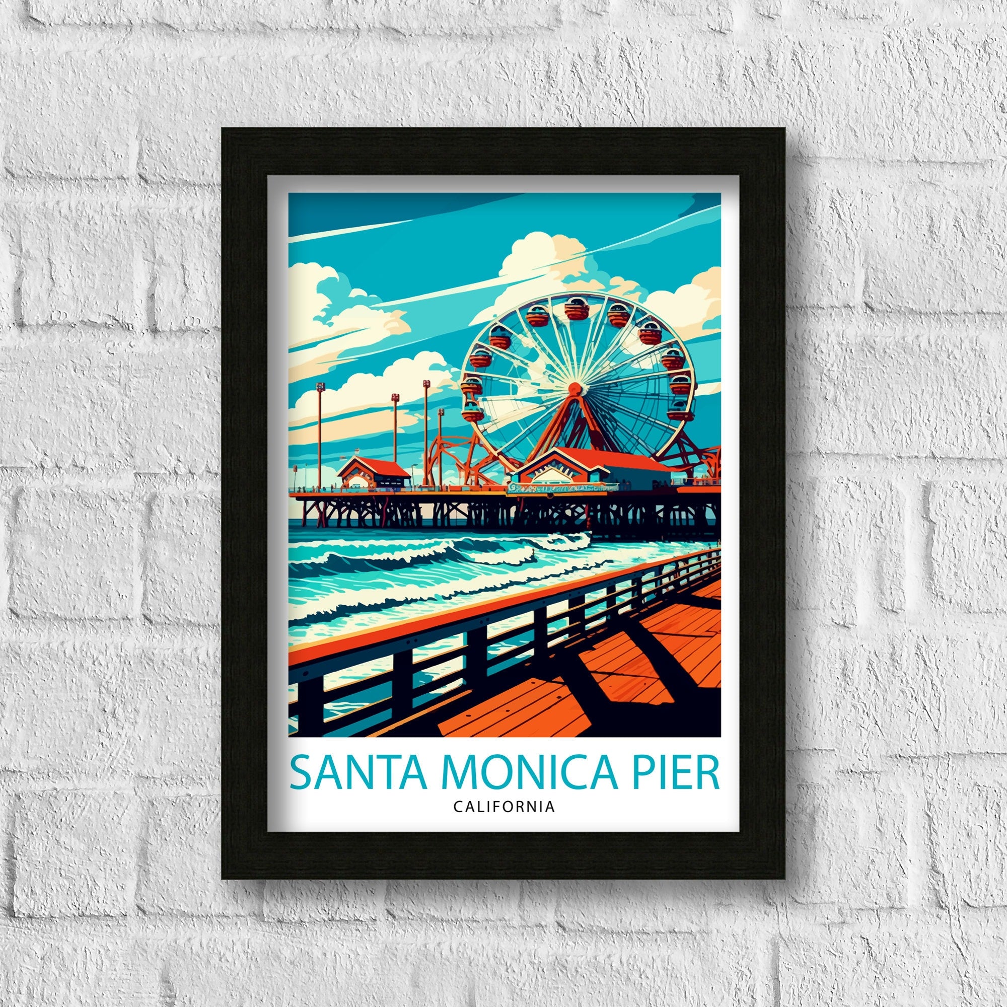 Santa Monica Pier Travel Print California Beach Wall Art Santa Monica Pier Illustration Travel Poster Gift For Santa Monica Beach Home Decor