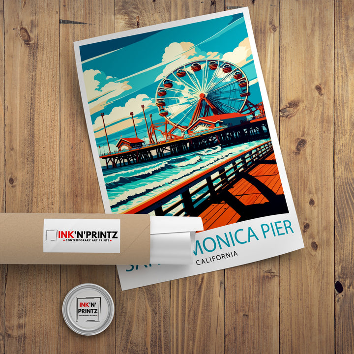 Santa Monica Pier Travel Print California Beach Wall Art Santa Monica Pier Illustration Travel Poster Gift For Santa Monica Beach Home Decor