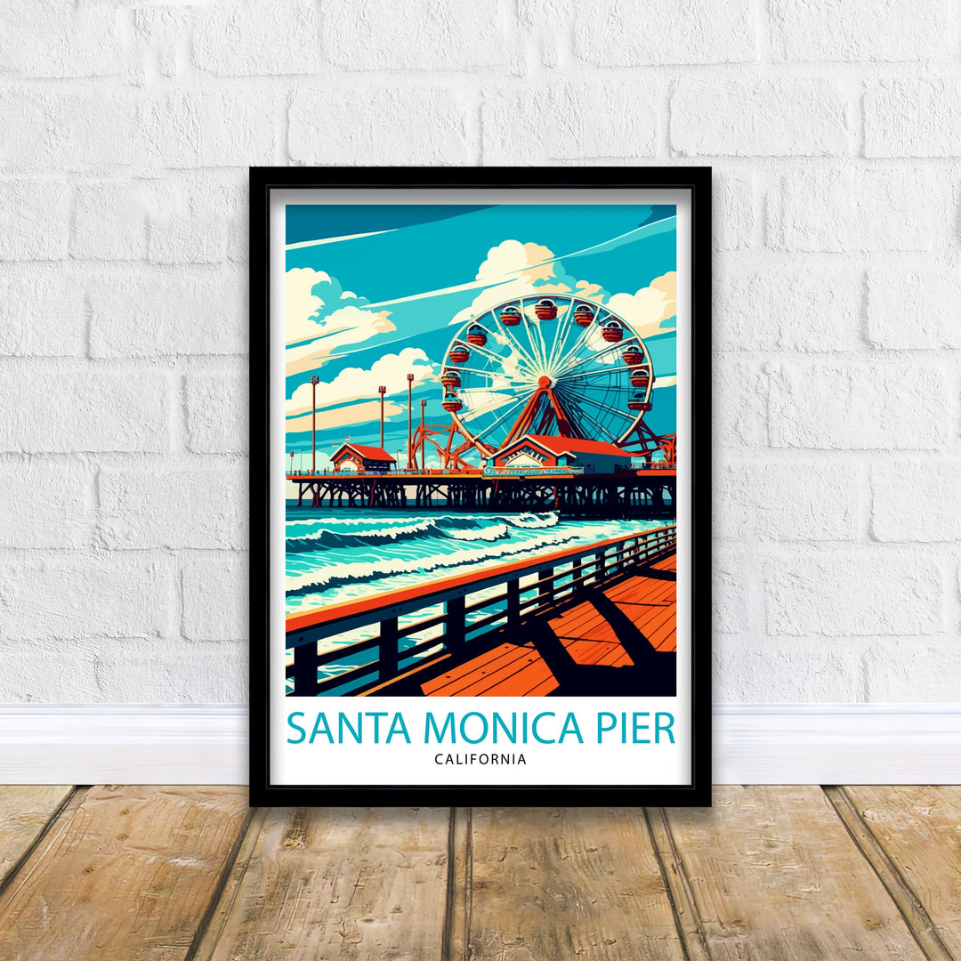 Santa Monica Pier Travel Print California Beach Wall Art Santa Monica Pier Illustration Travel Poster Gift For Santa Monica Beach Home Decor