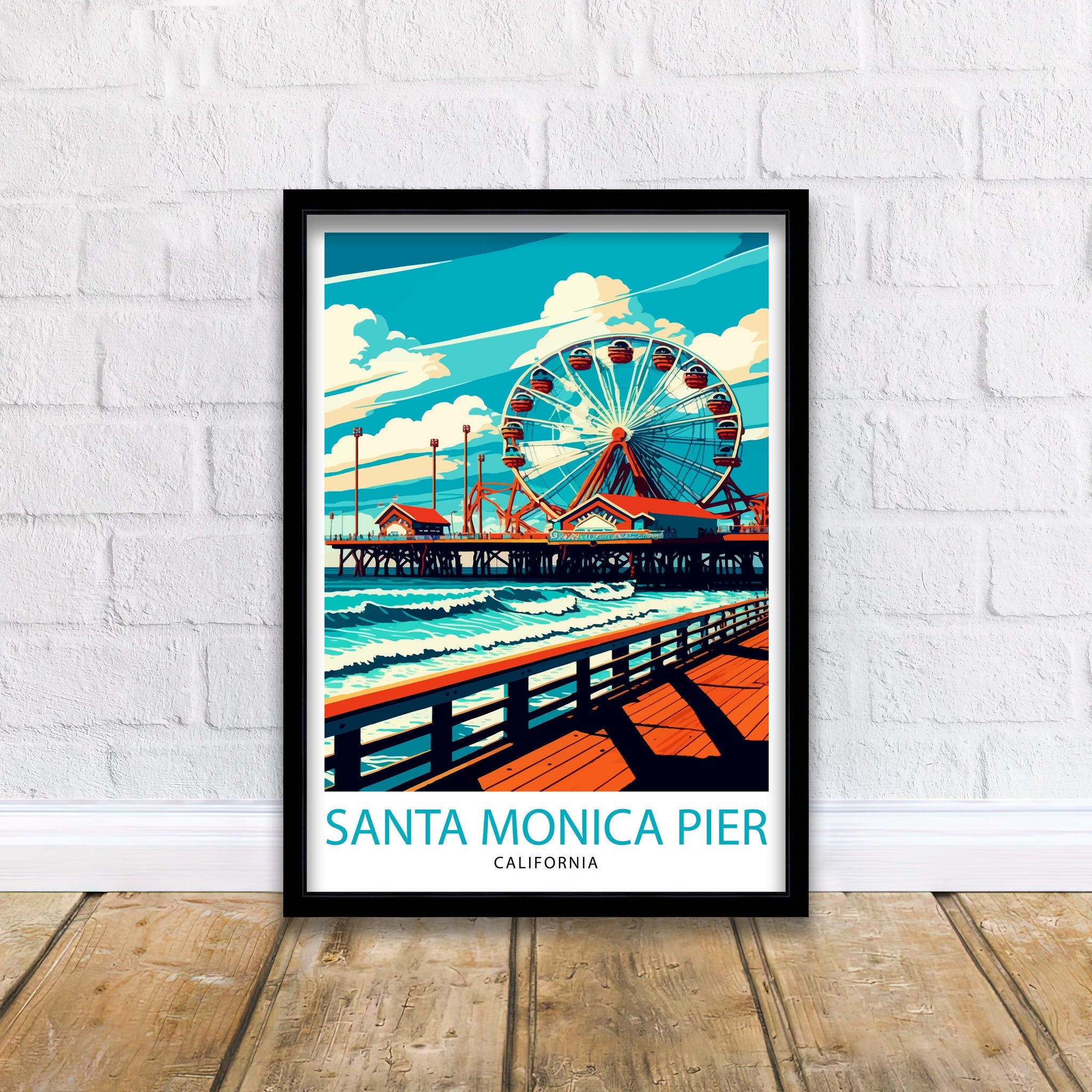 Santa Monica Pier Travel Print California Beach Wall Art Santa Monica Pier Illustration Travel Poster Gift For Santa Monica Beach Home Decor