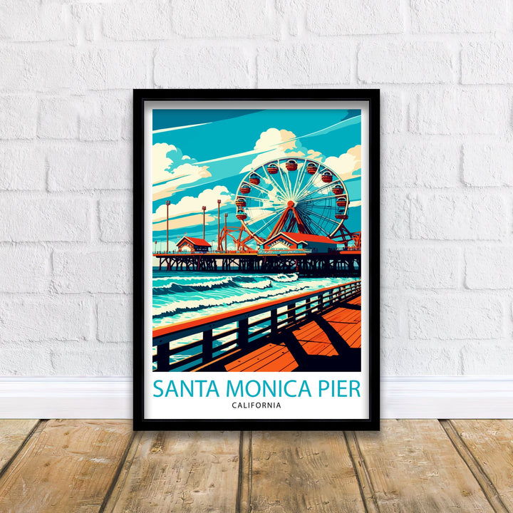 Santa Monica Pier Travel Print California Beach Wall Art Santa Monica Pier Illustration Travel Poster Gift For Santa Monica Beach Home Decor