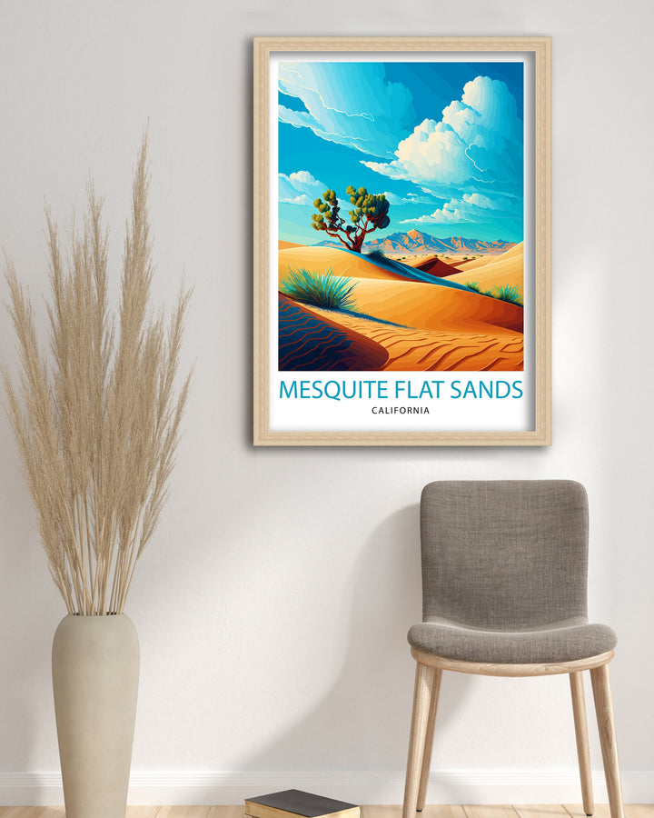 Mesquite Flat Sands Travel Print| Death Valley Wall Decor Mesquite Flat Sand Dunes Illustration Desert Landscape Travel Poster Gift