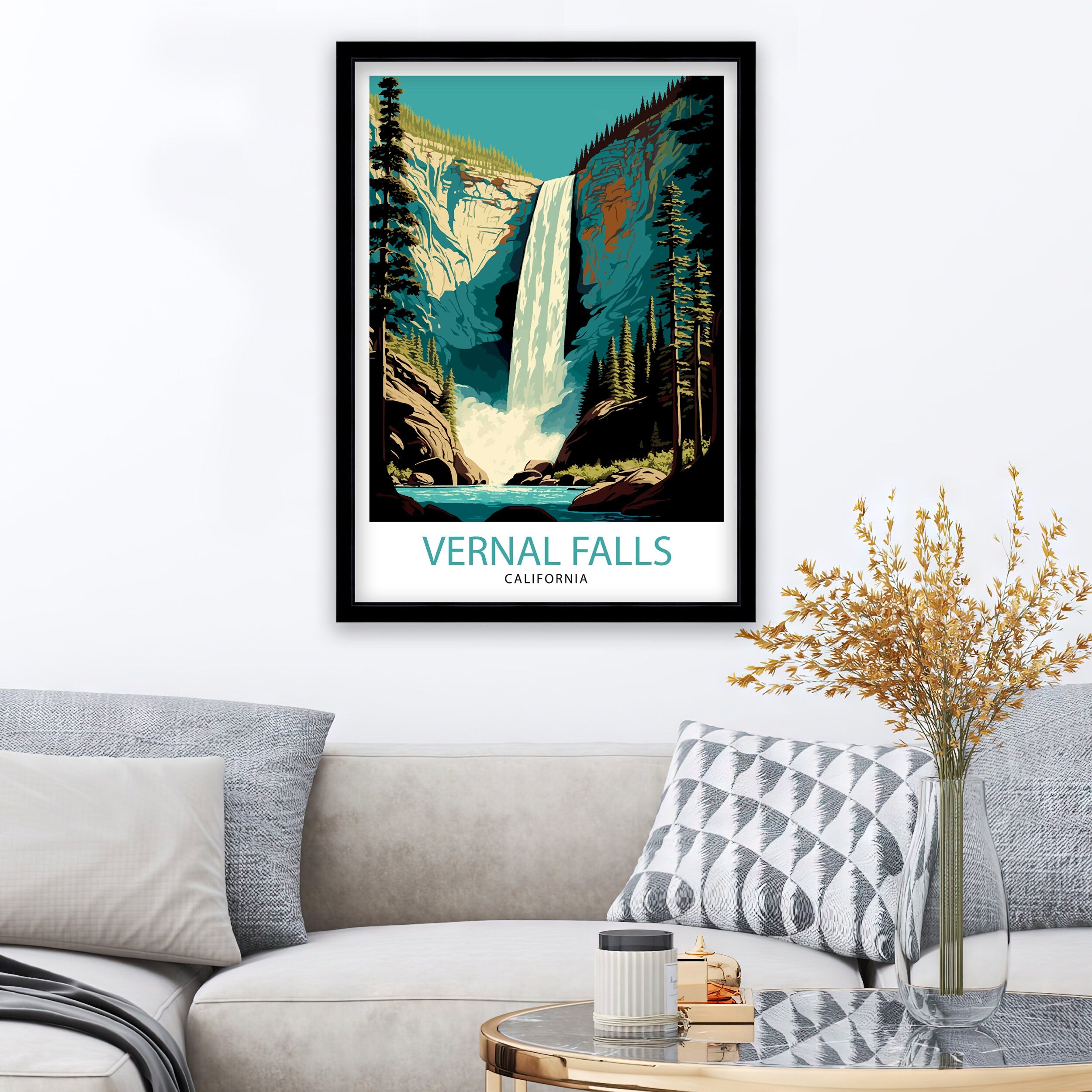 Vernal Falls Travel Print| Yosemite National Park Wall Art Yosemite California Home Decor Yosemite Landscape Illustration Travel Poster