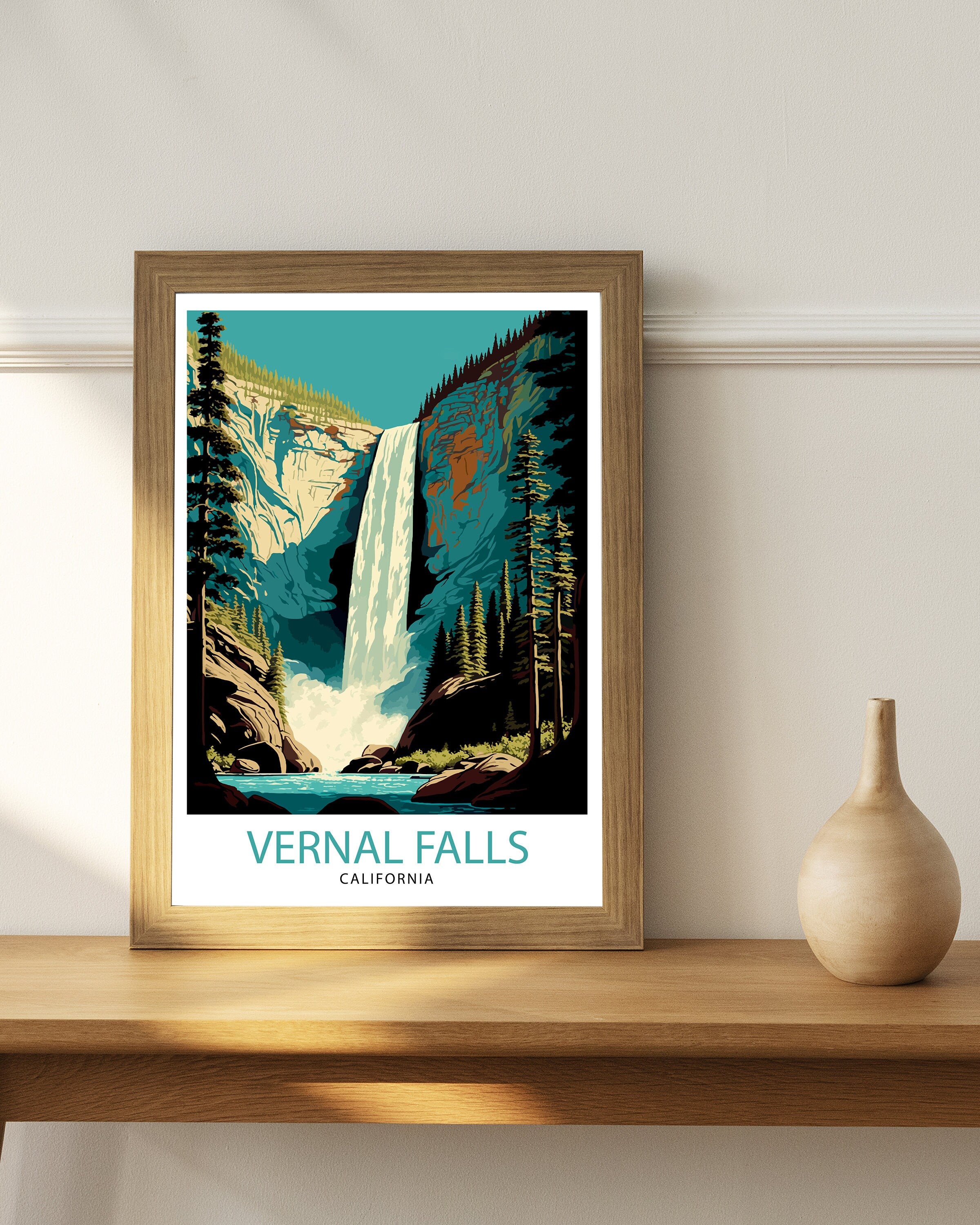 Vernal Falls Travel Print| Yosemite National Park Wall Art Yosemite California Home Decor Yosemite Landscape Illustration Travel Poster
