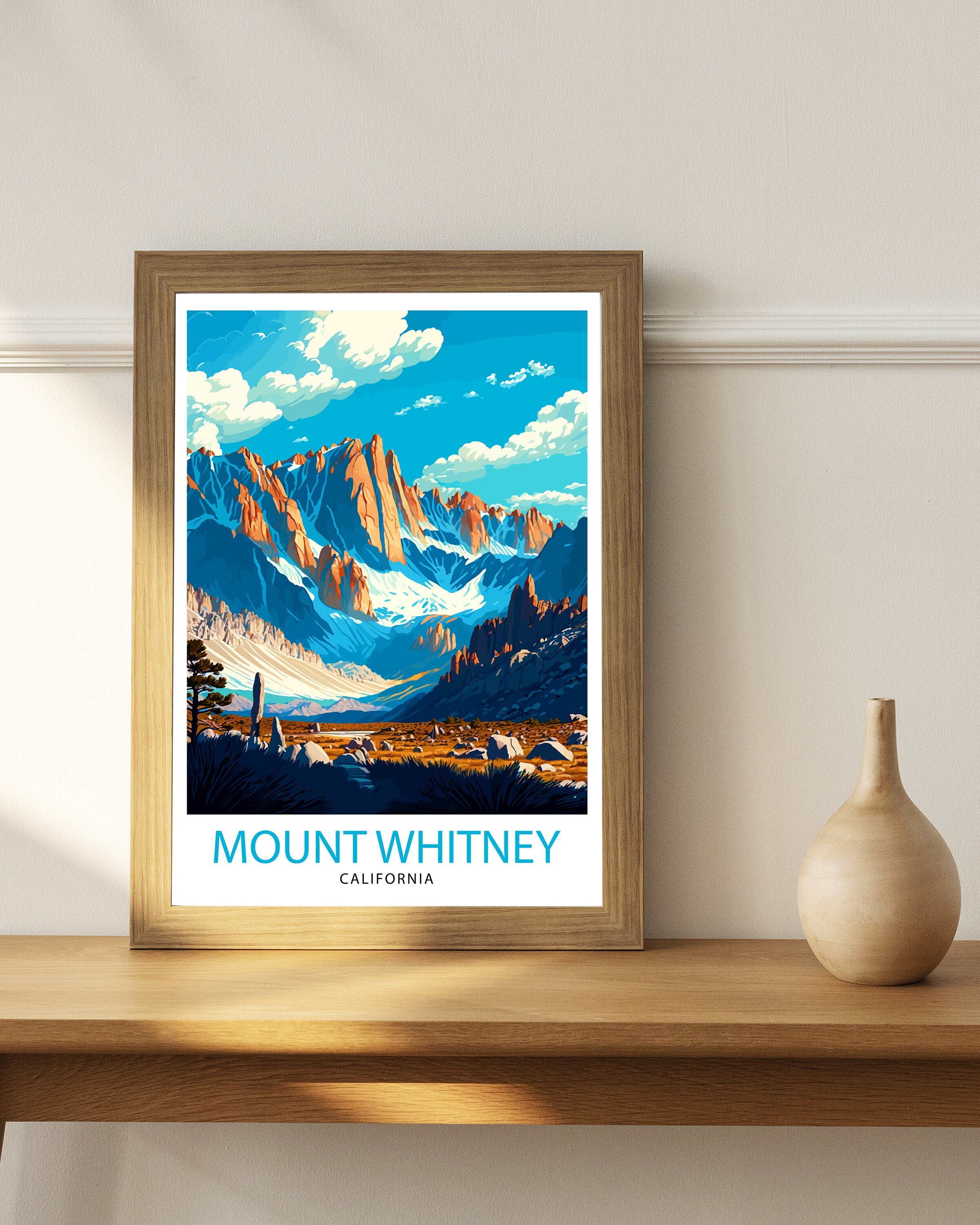 Mount Whitney Travel Print| Mountain Wall Art California Nature Decor Mount Whitney Illustration Hiking Poster Gift for Outdoor Enthusiasts