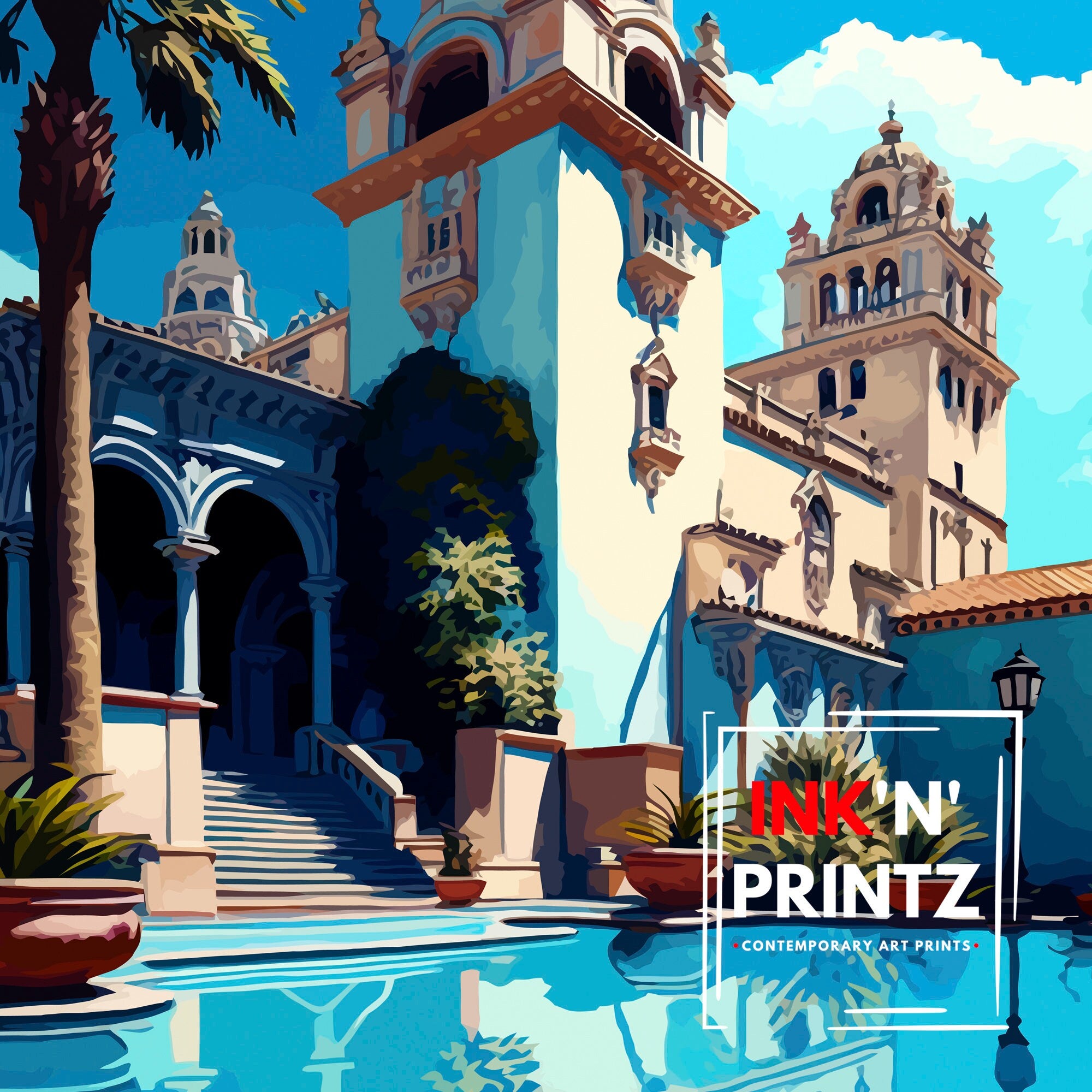 Hearst Castle California Travel Print| Wall Decor, Home Living Decor California Illustration Travel Poster Gift For California Home Decor