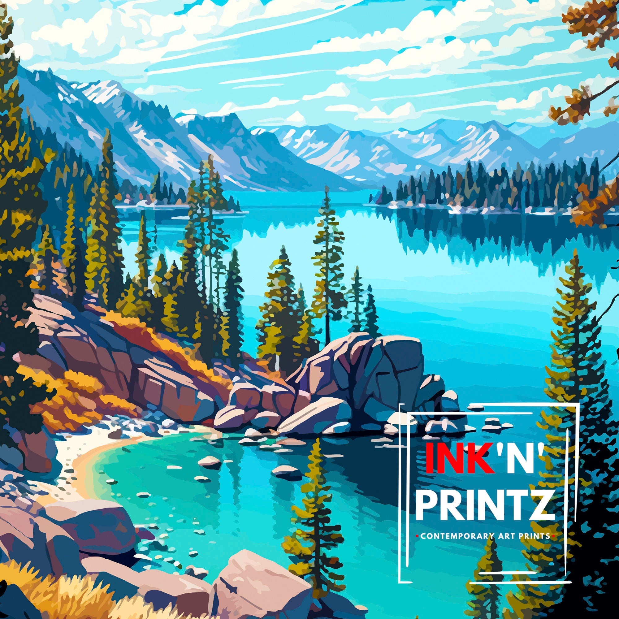 Lake Tahoe Travel Print| Wall Art Decor Lake Tahoe Illustration Travel Poster Gift for Lake Tahoe California Home Decor