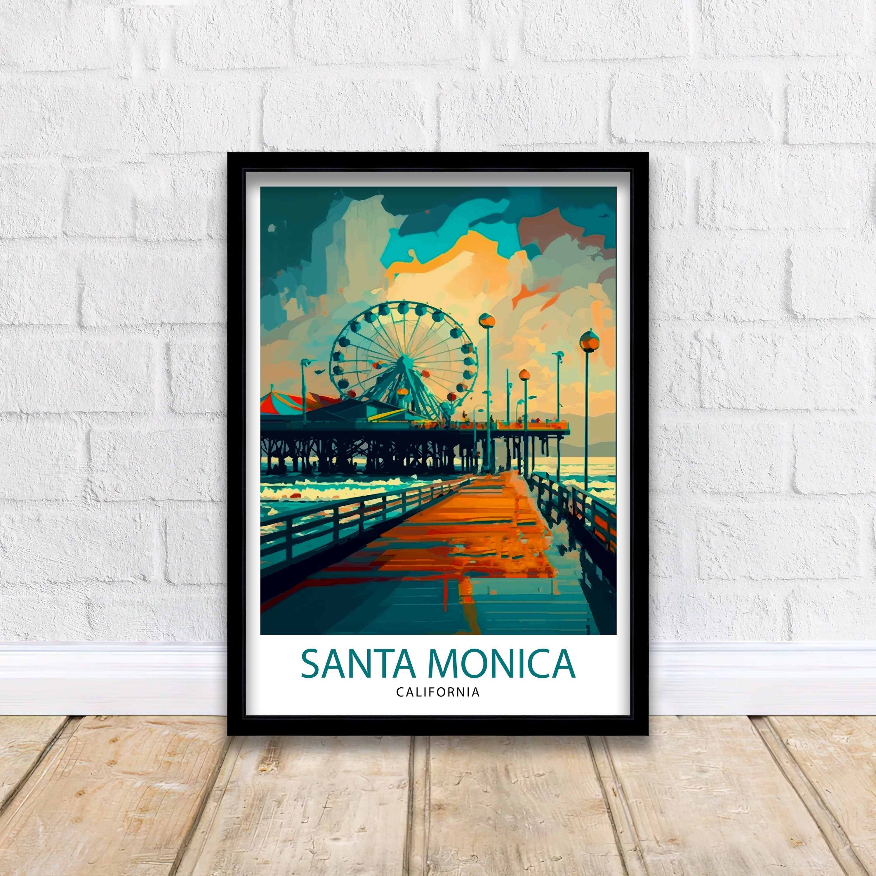 Santa Monica Pier Travel Print California Beach Wall Art Santa Monica Pier Illustration Travel Poster Gift For Santa Monica Beach Home Decor