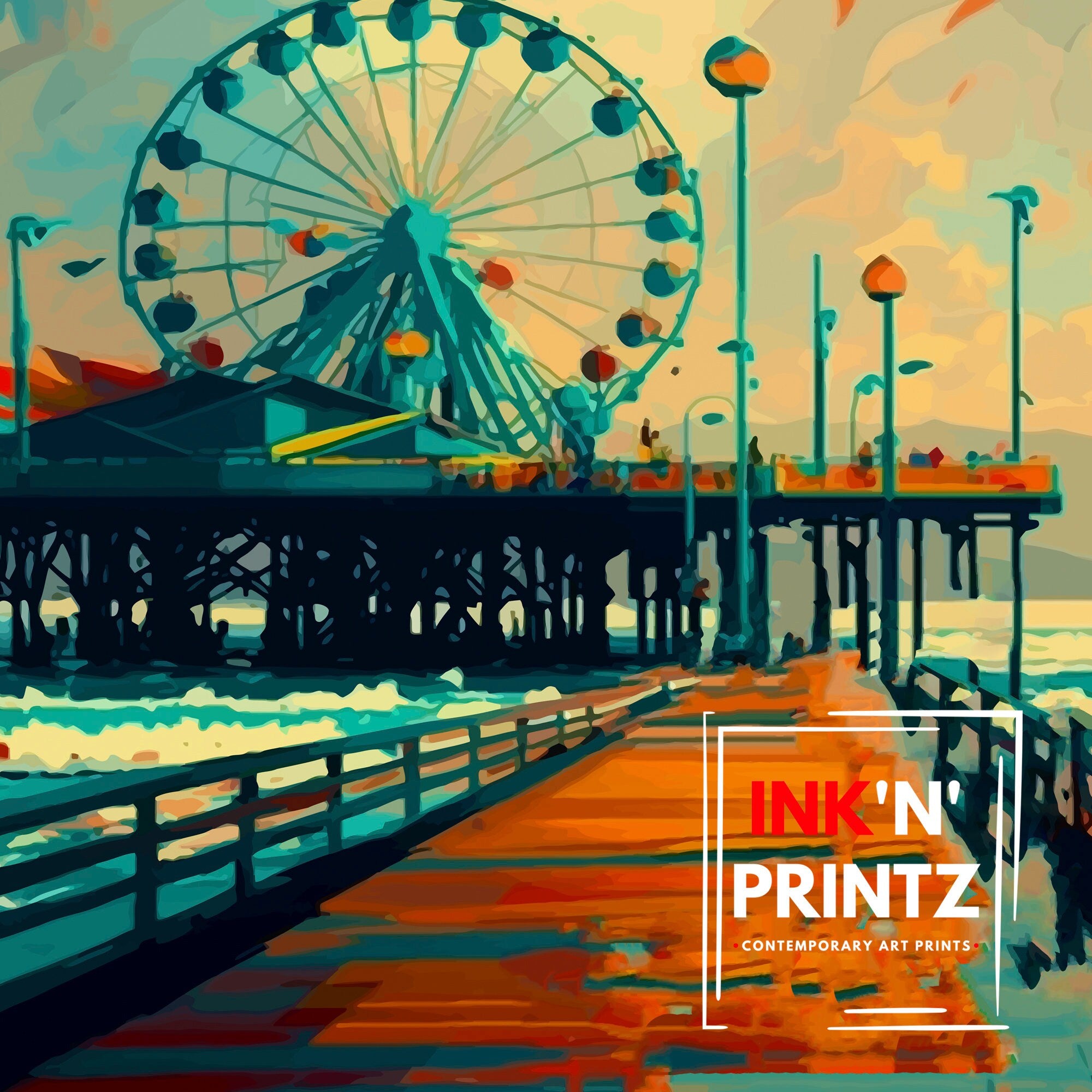 Santa Monica Pier Travel Print California Beach Wall Art Santa Monica Pier Illustration Travel Poster Gift For Santa Monica Beach Home Decor