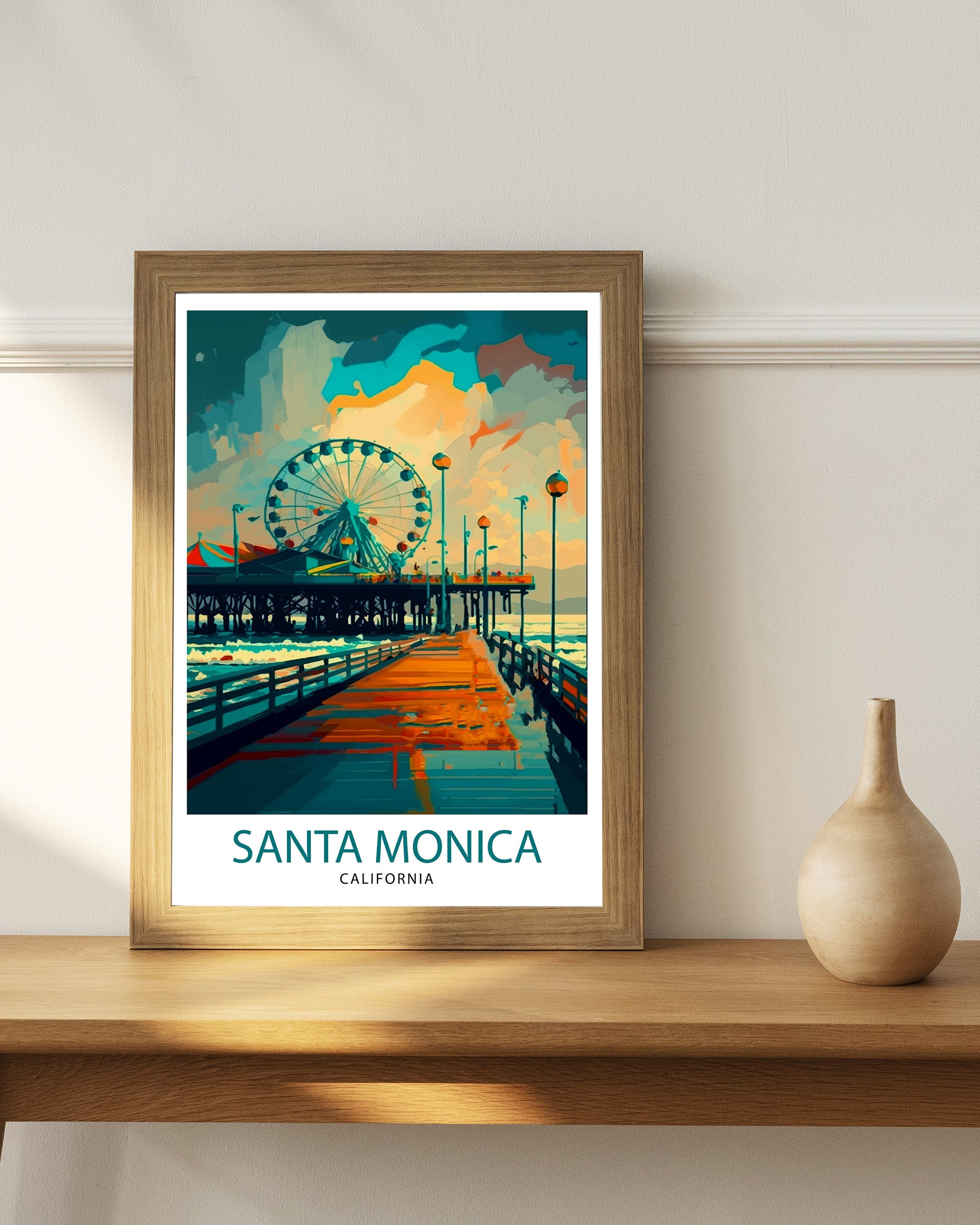 Santa Monica Pier Travel Print California Beach Wall Art Santa Monica Pier Illustration Travel Poster Gift For Santa Monica Beach Home Decor