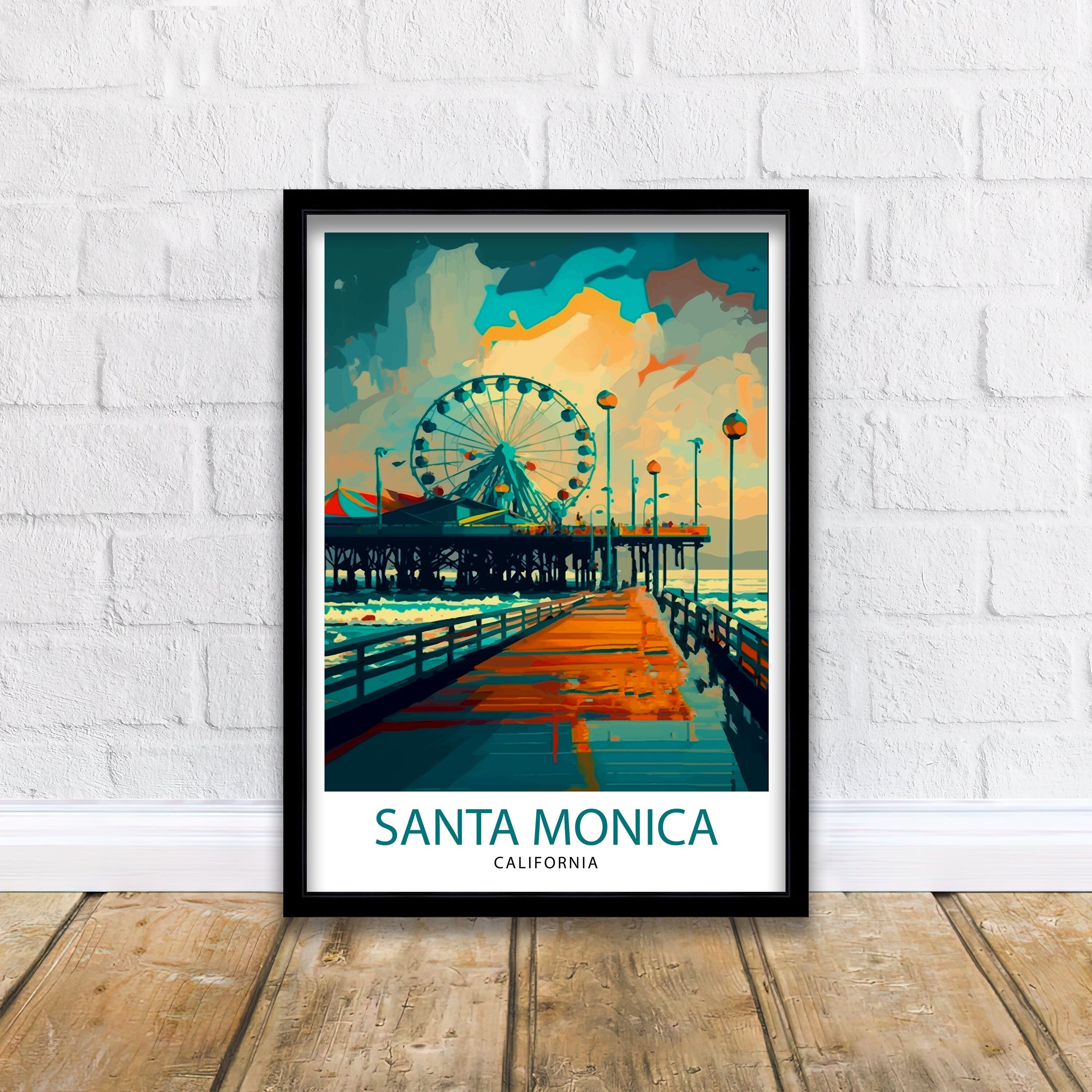 Santa Monica Pier Travel Print California Beach Wall Art Santa Monica Pier Illustration Travel Poster Gift For Santa Monica Beach Home Decor
