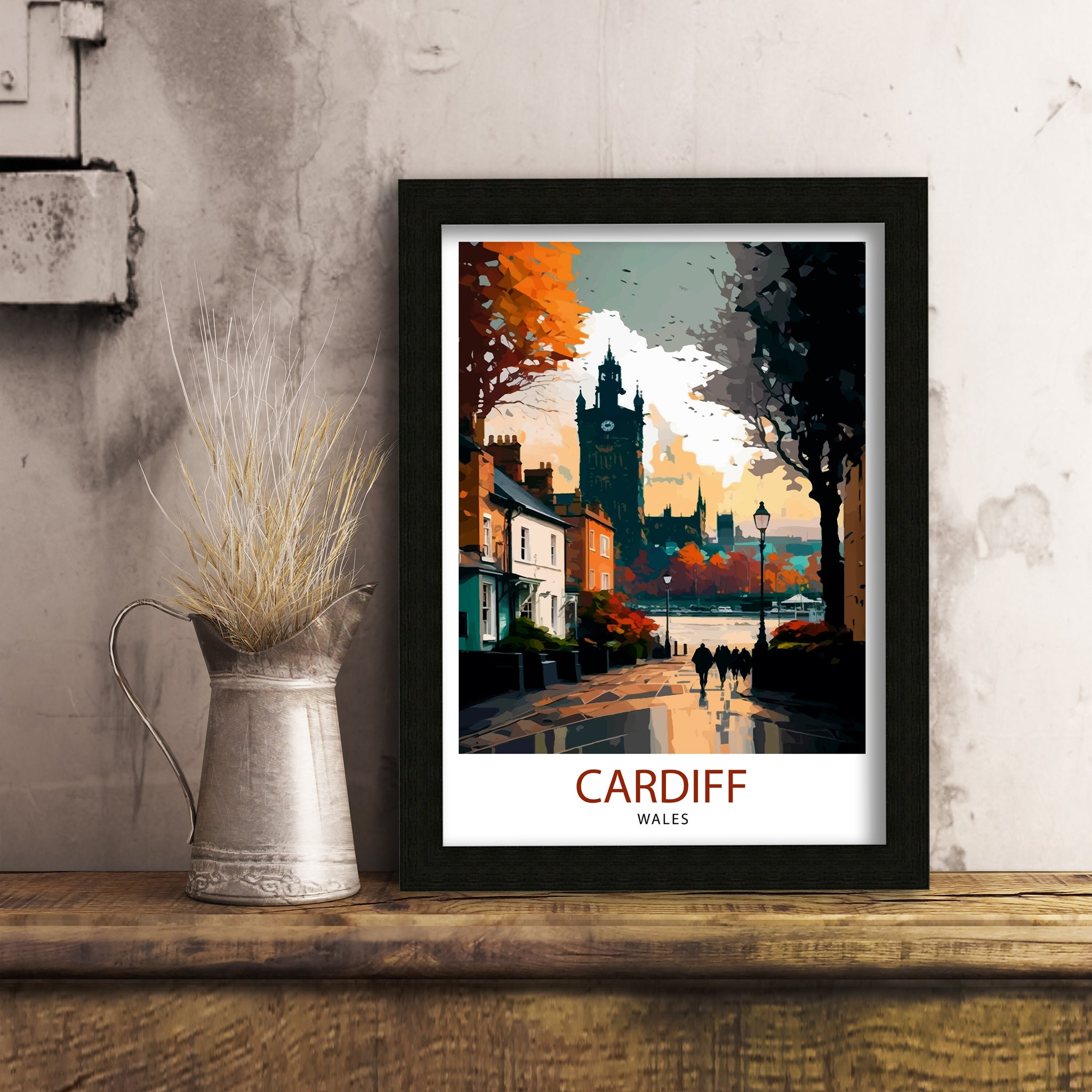 Cardiff UK Travel Poster, Colorful Cityscape Wall Art