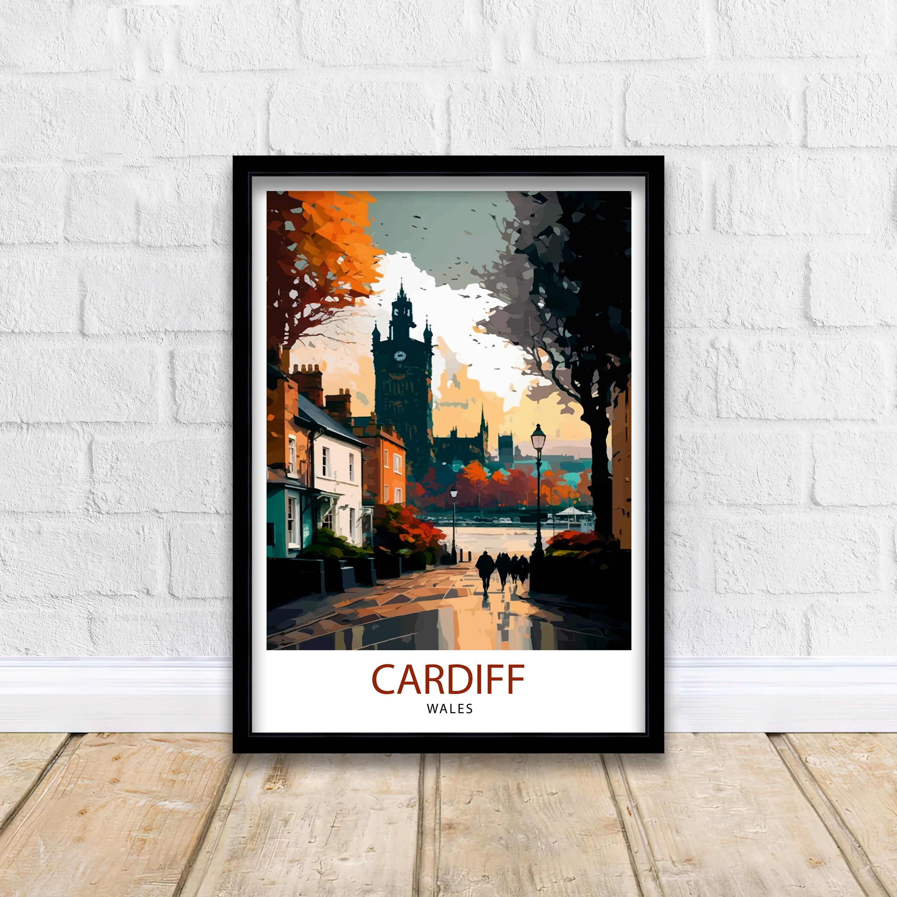 Cardiff UK Travel Poster, Colorful Cityscape Wall Art