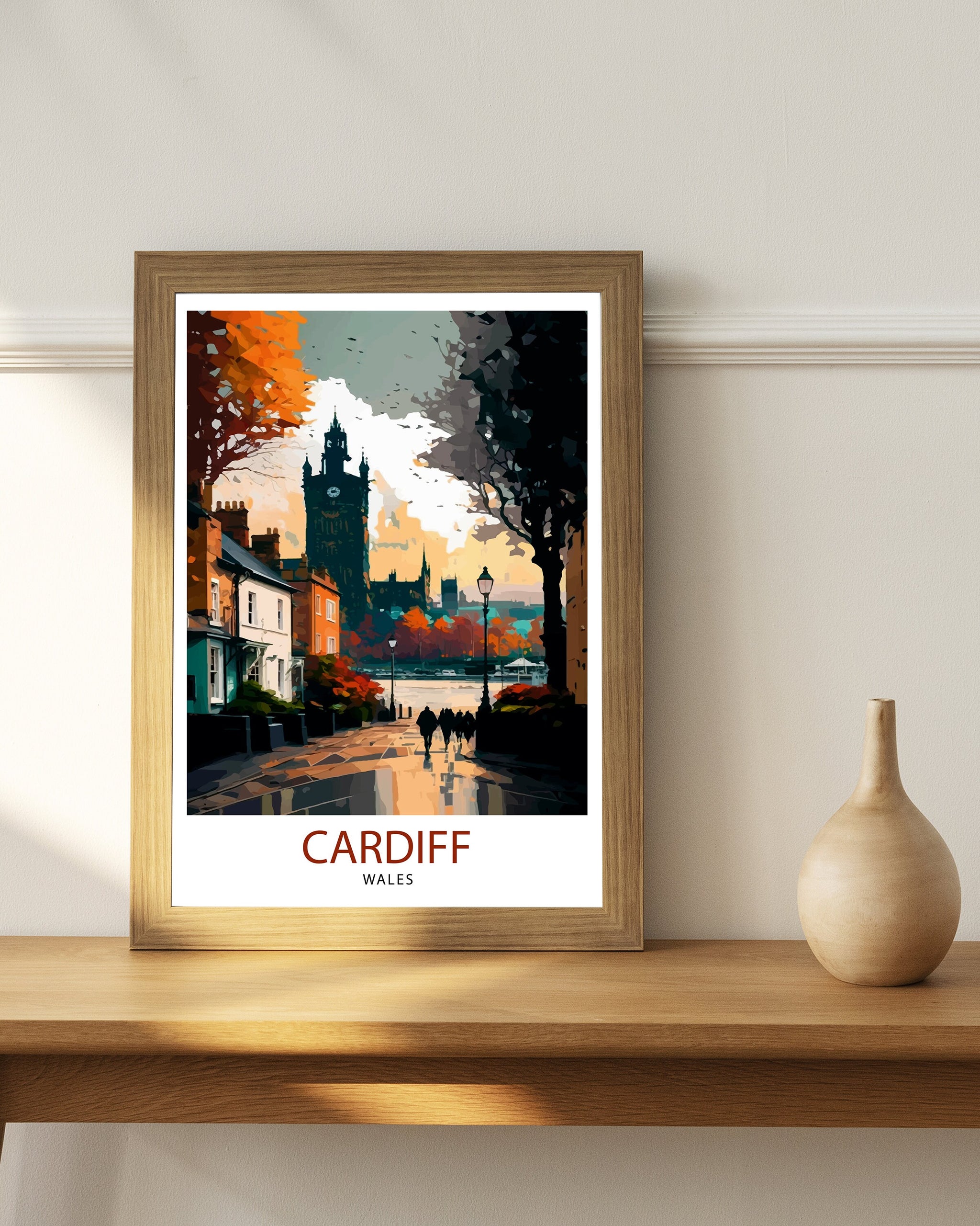 Cardiff UK Travel Poster, Colorful Cityscape Wall Art