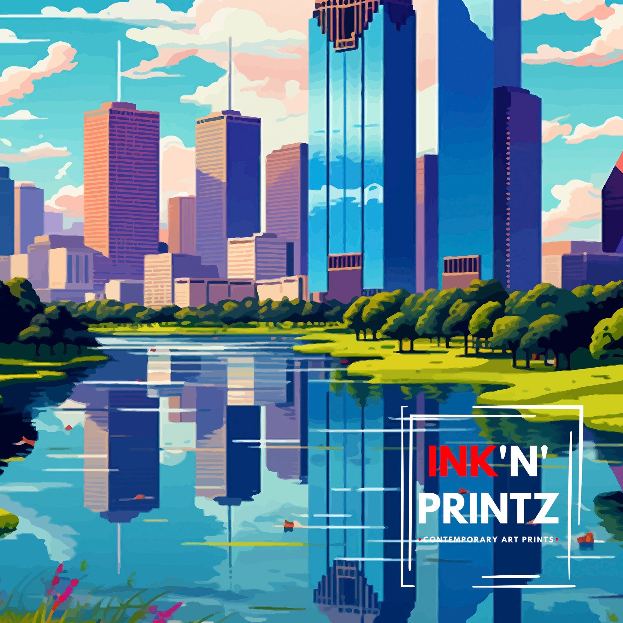 Houston Texas Travel Print| Houston Wall Art Texas Decor Houston Cityscape Travel Poster Houston Skyline Houston Souvenir
