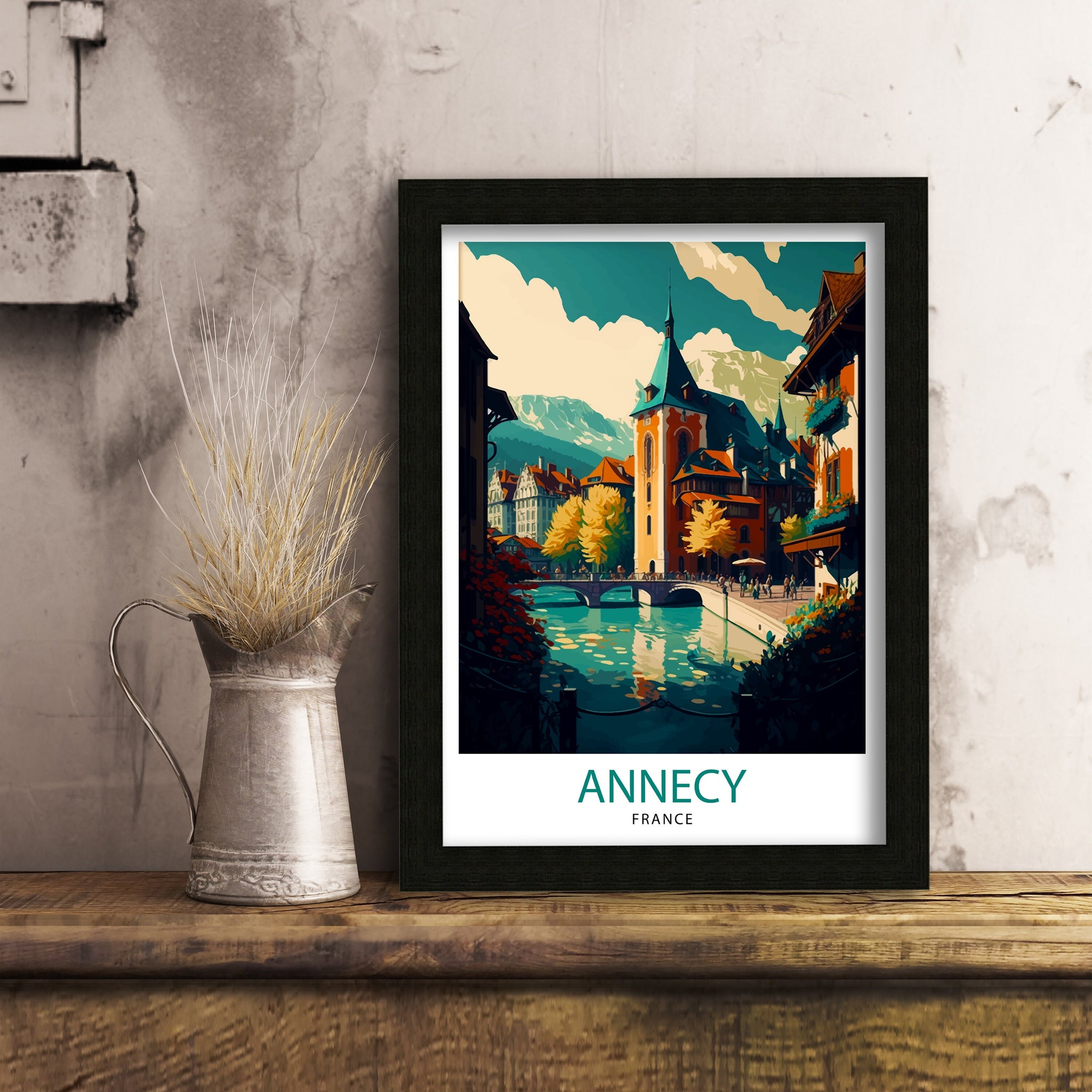 Annecy France Travel Poster: Lake Illustration, French Alps Art Print