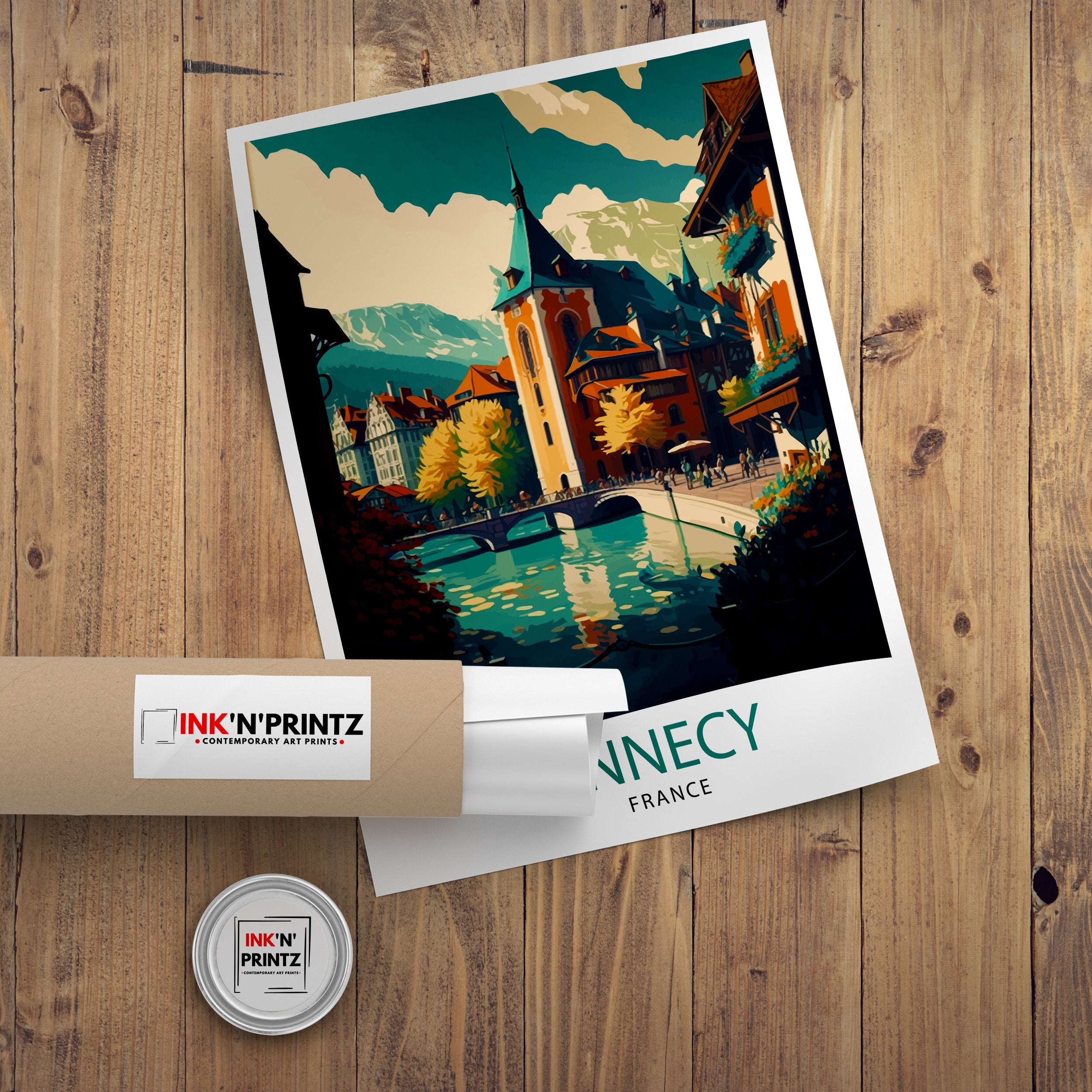 Annecy France Travel Poster: Lake Illustration, French Alps Art Print