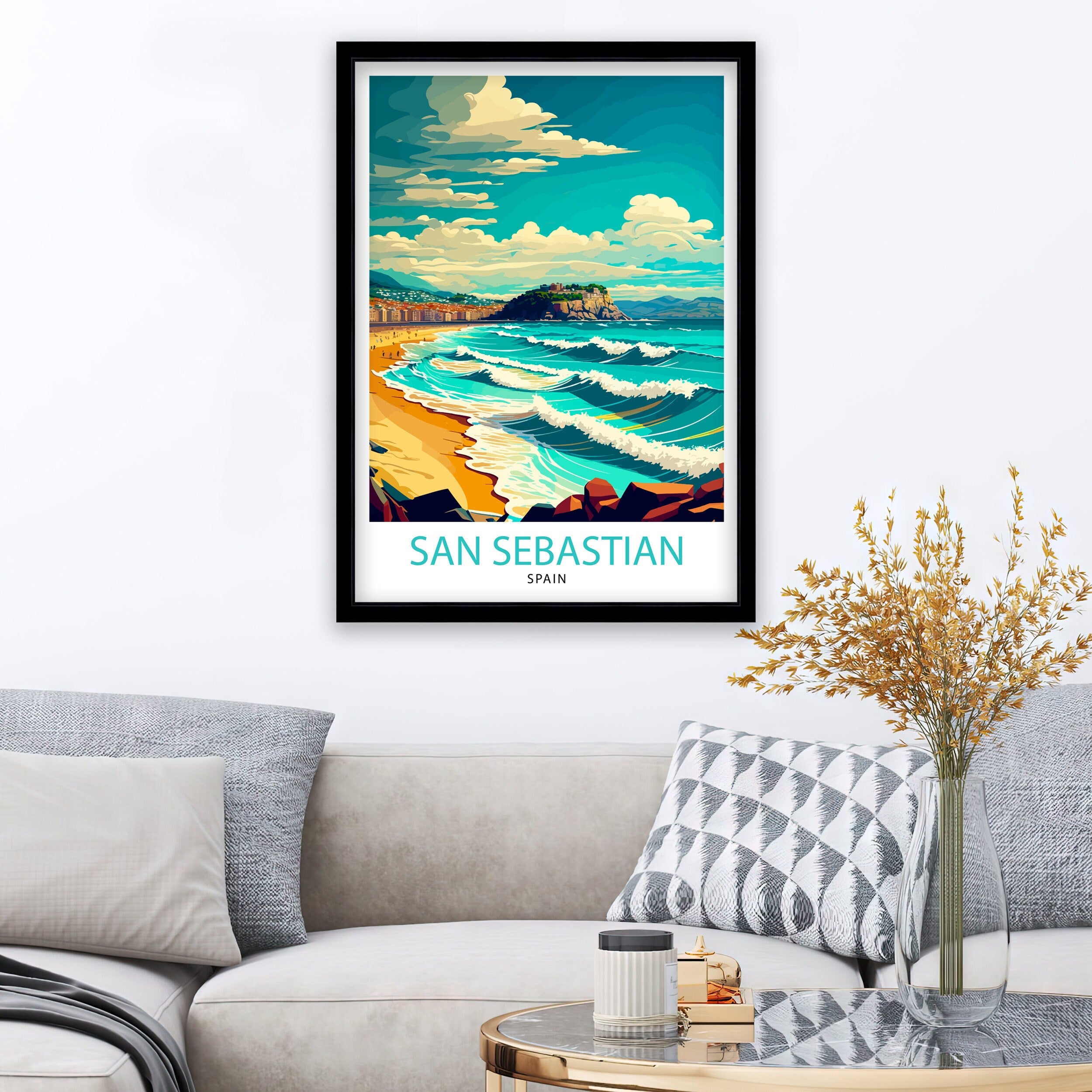 San Sebastian Spain Travel Poster, Illustrated Coastal Print