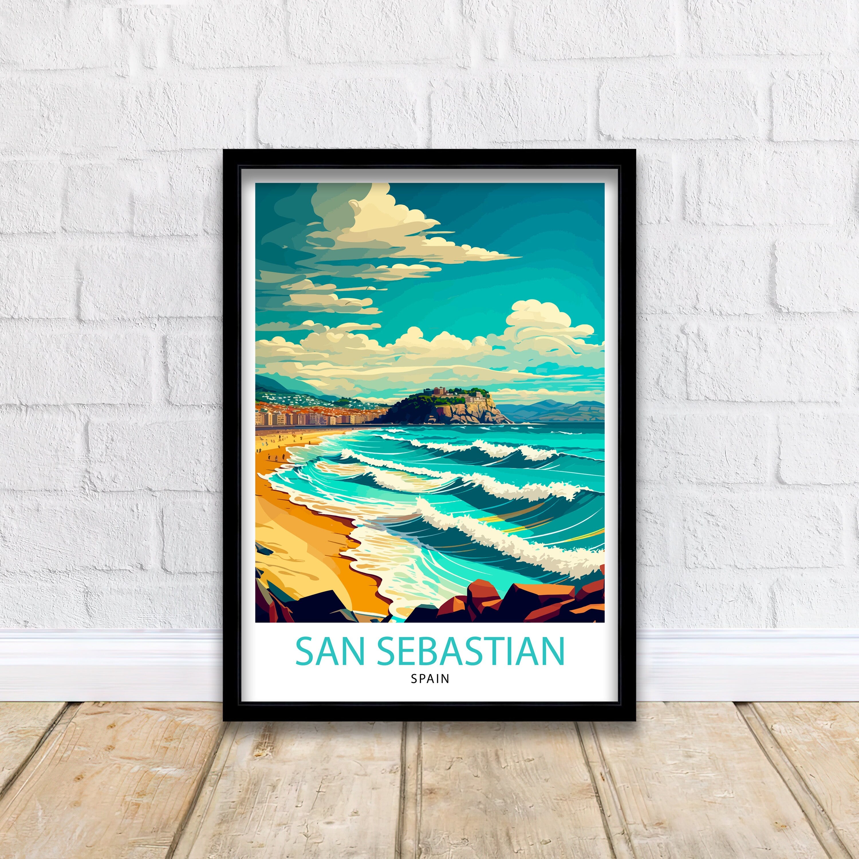 San Sebastian Spain Travel Poster, Illustrated Coastal Print
