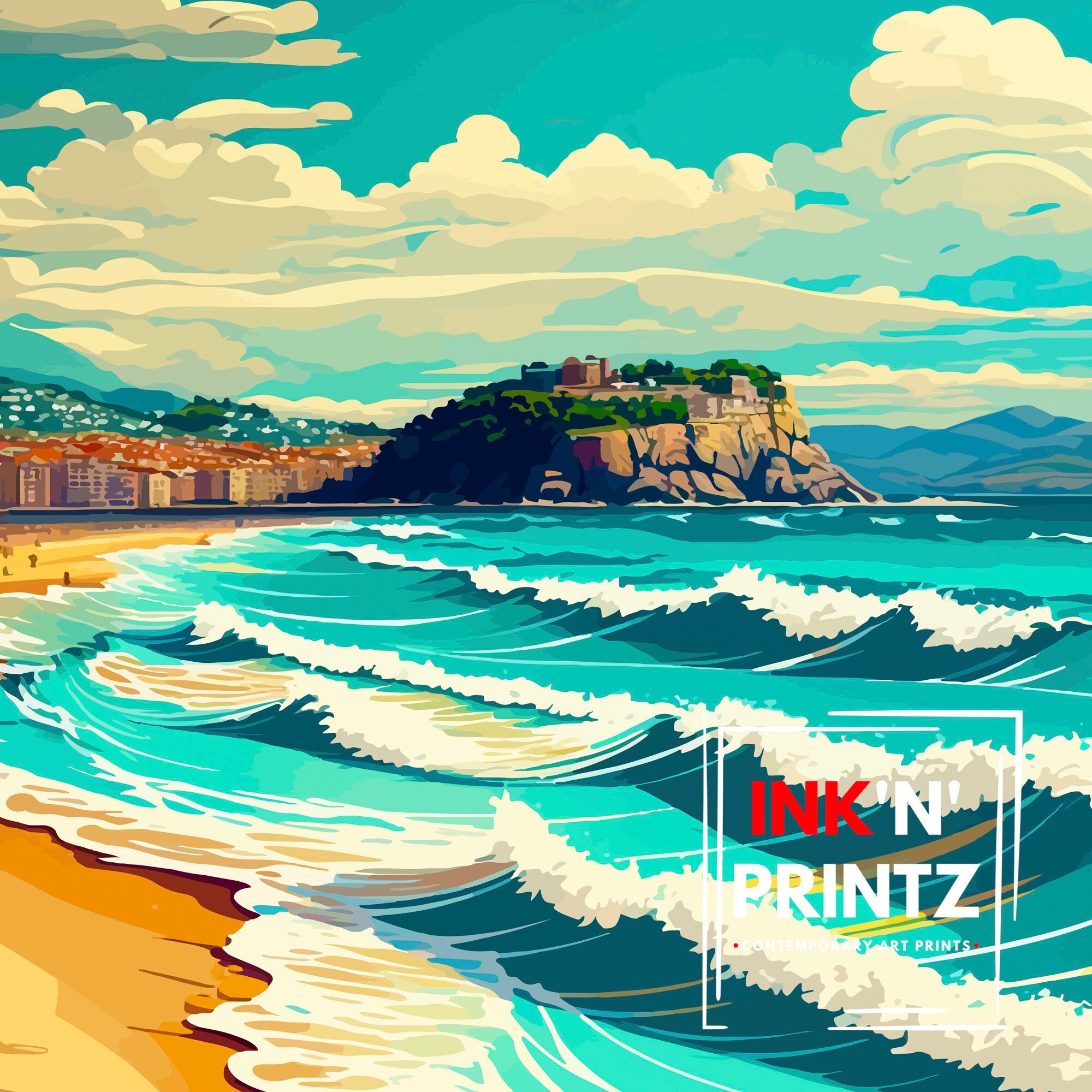 San Sebastian Spain Travel Poster, Illustrated Coastal Print