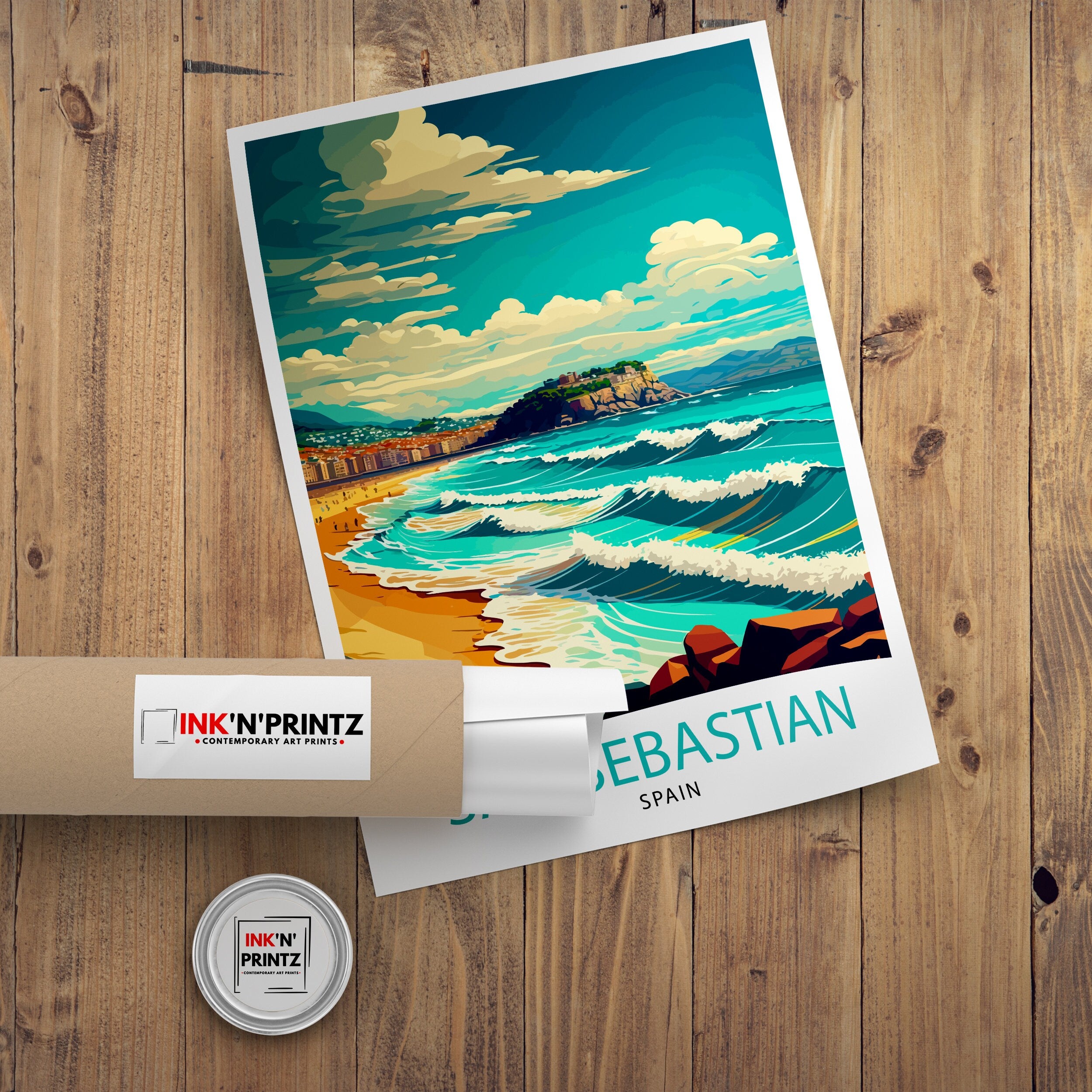 San Sebastian Spain Travel Poster, Illustrated Coastal Print
