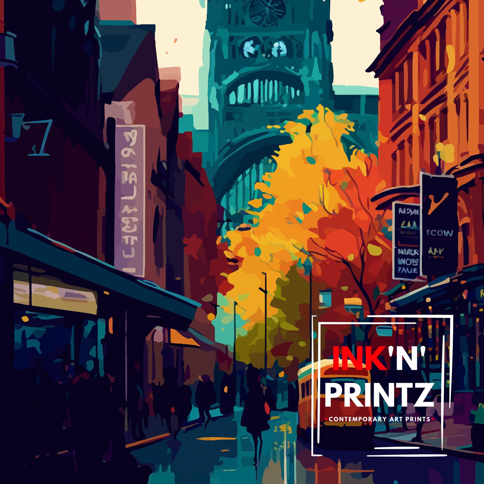 Manchester Cityscape Print, Vibrant Travel Poster