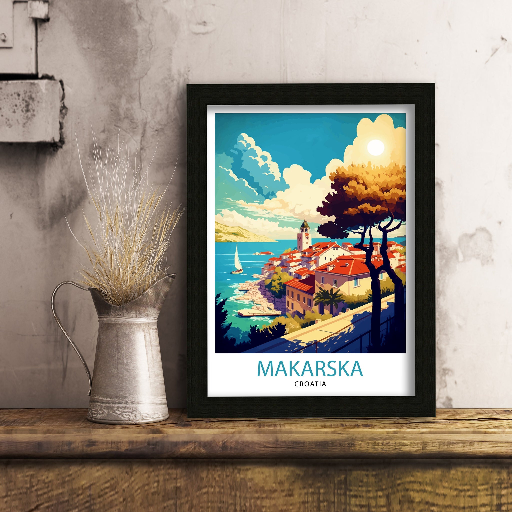 Makarska Croatia Art Print, Coastal Illustration