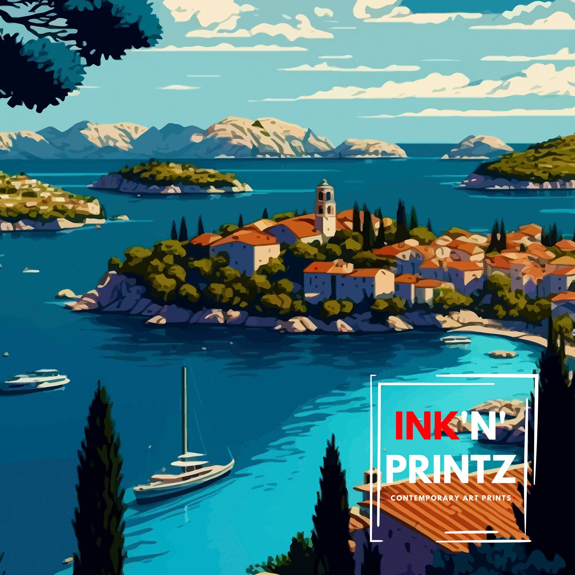Cavtat Croatia Travel Poster | Colorful Illustration Art Print