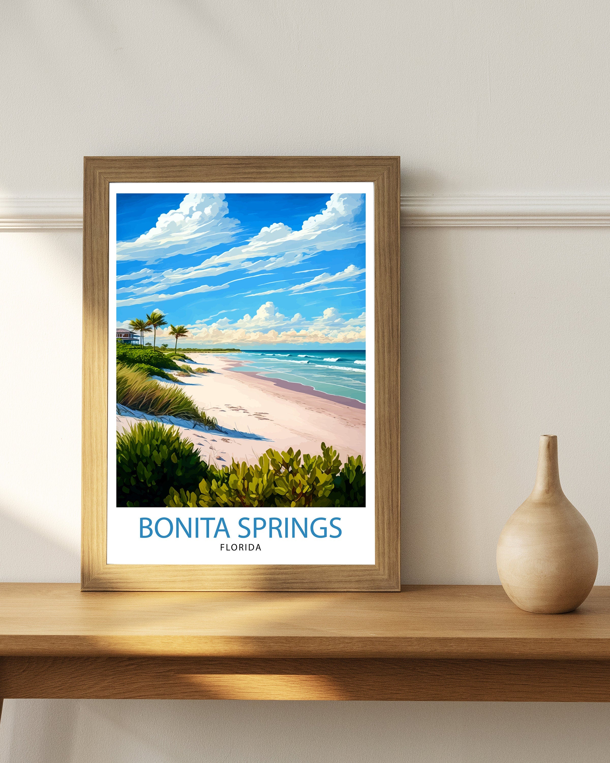 Bonita Springs Florida Travel Print| Wall Art Decor Florida Travel Poster Gift for Florida Lovers Bonita Springs Illustration Florida Beach