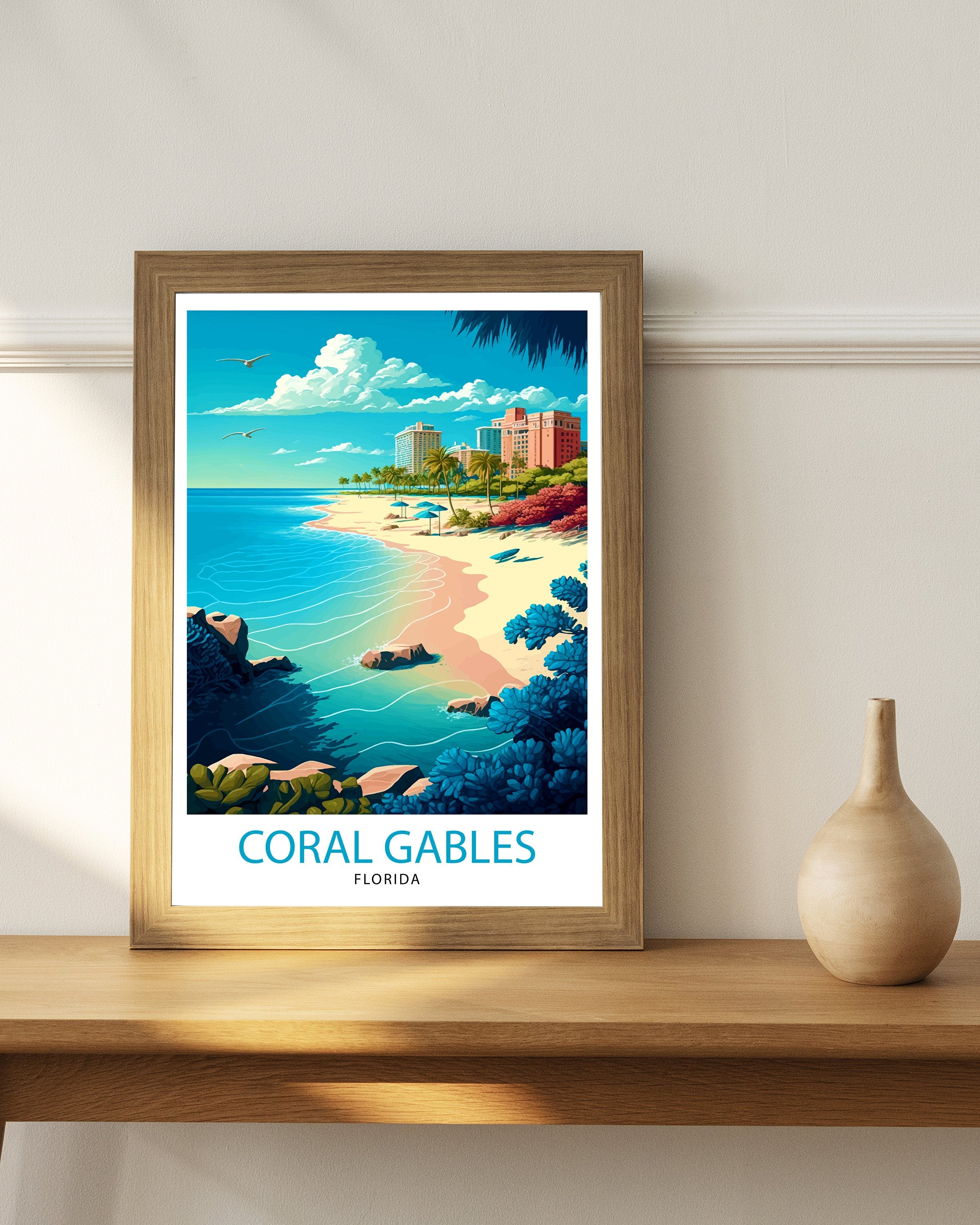 Coral Gables Florida Travel Print| Coral Gables Wall Decor Coral Gables Home Living Decor Coral Gables Illustration Travel Poster Coral
