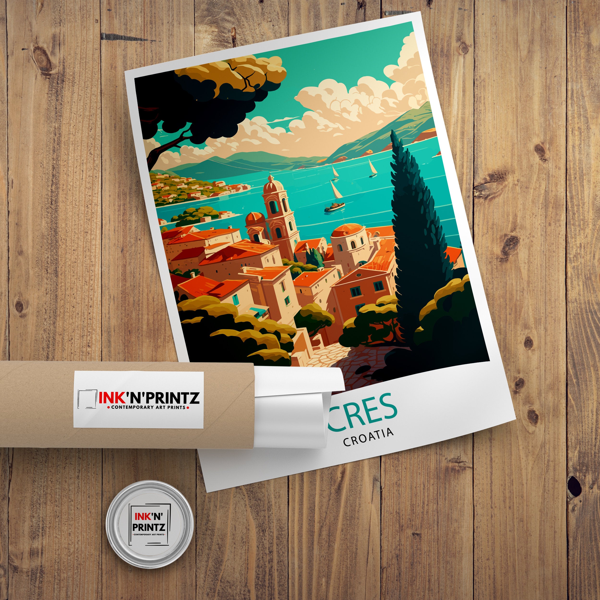 Cres Croatia Travel Poster, Coastal Village Art Print