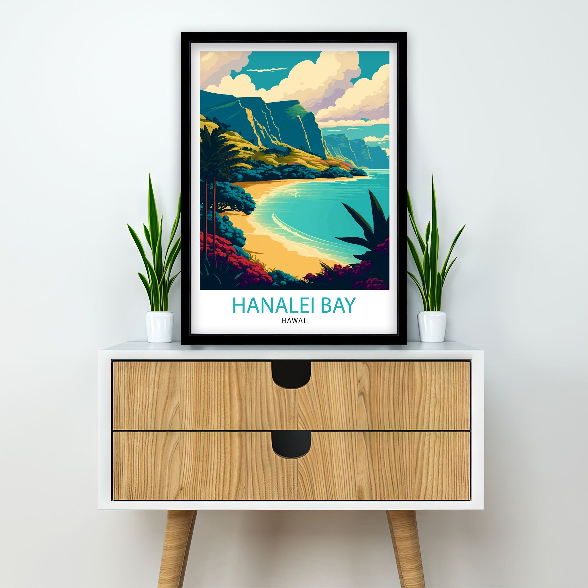 Hanalei Bay Hawaii Travel Poster, Tropical Wall Art