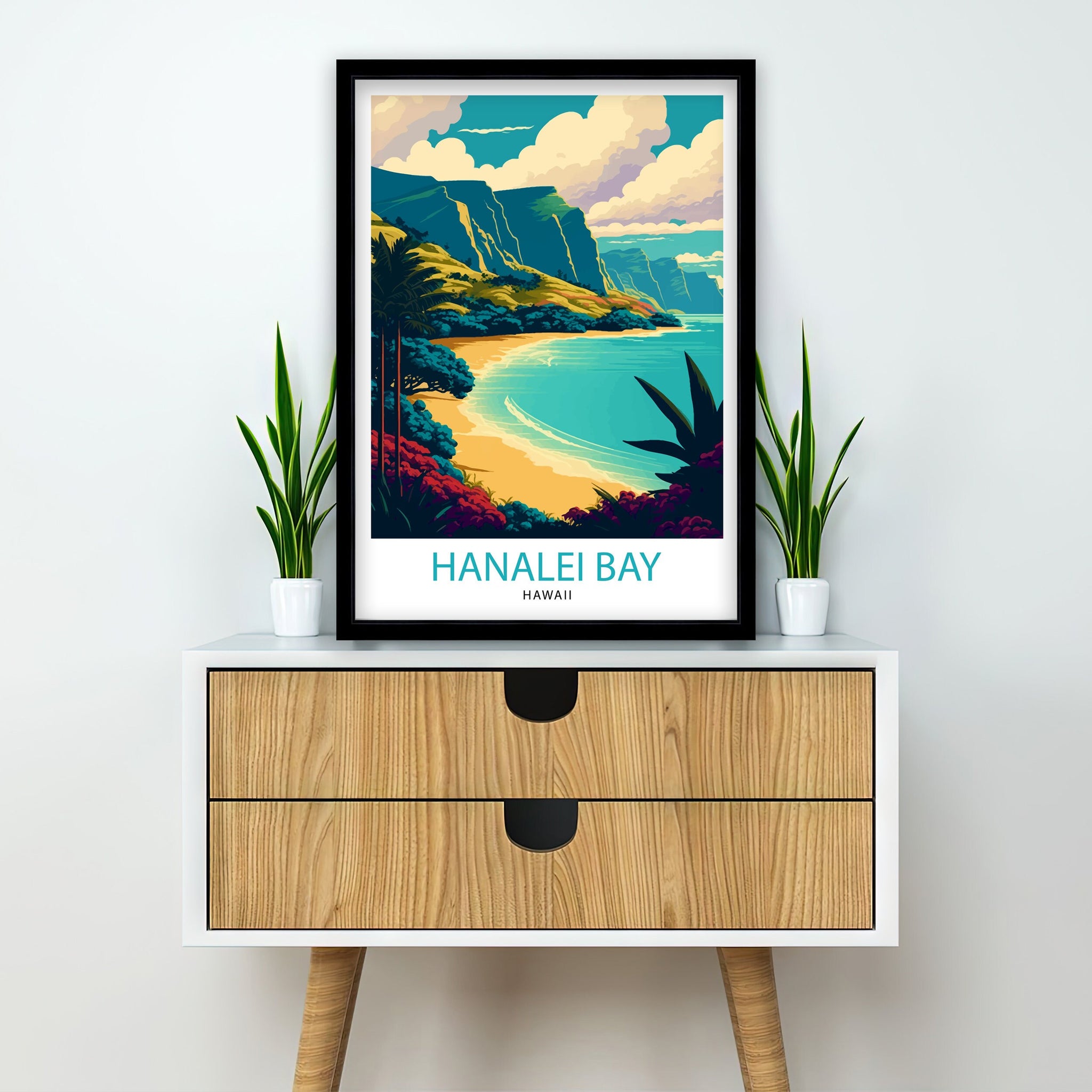 Hanalei Bay Hawaii Travel Poster, Tropical Wall Art