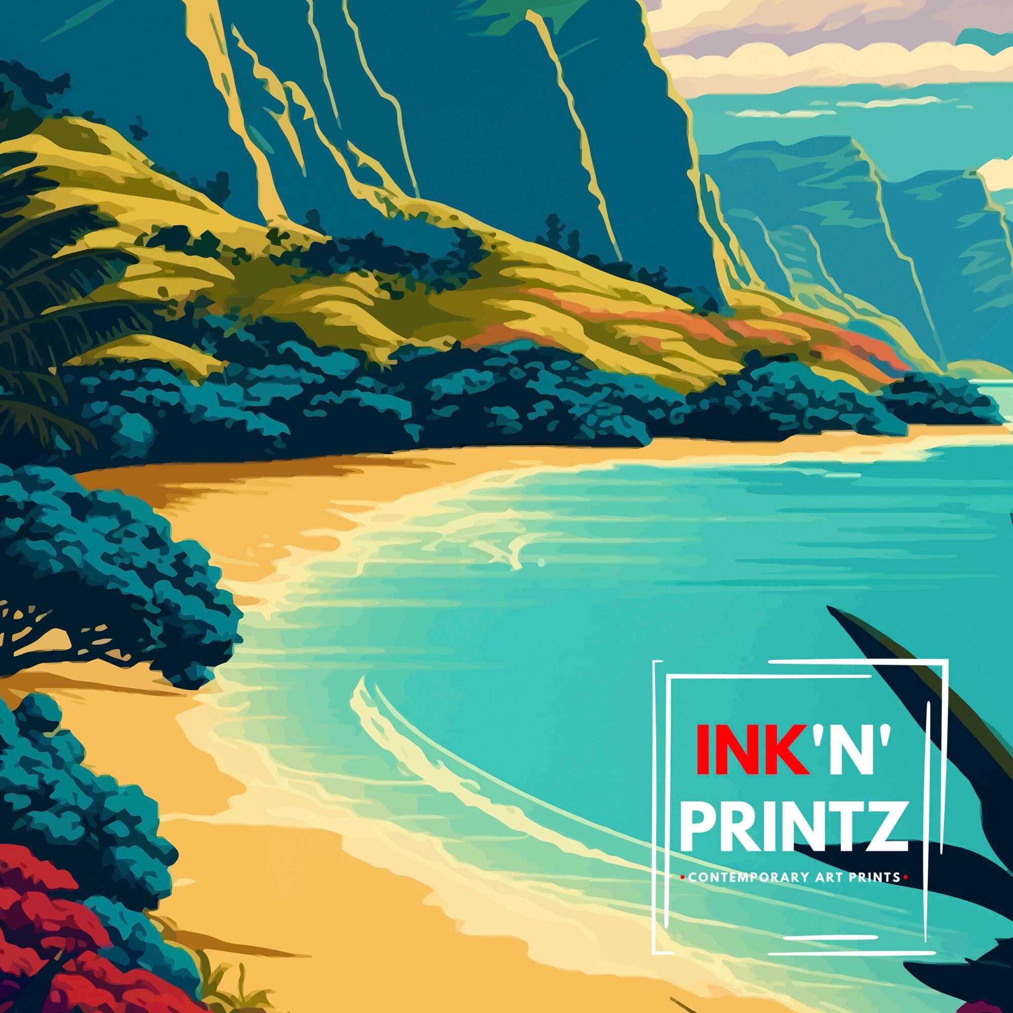 Hanalei Bay Hawaii Travel Poster, Tropical Wall Art