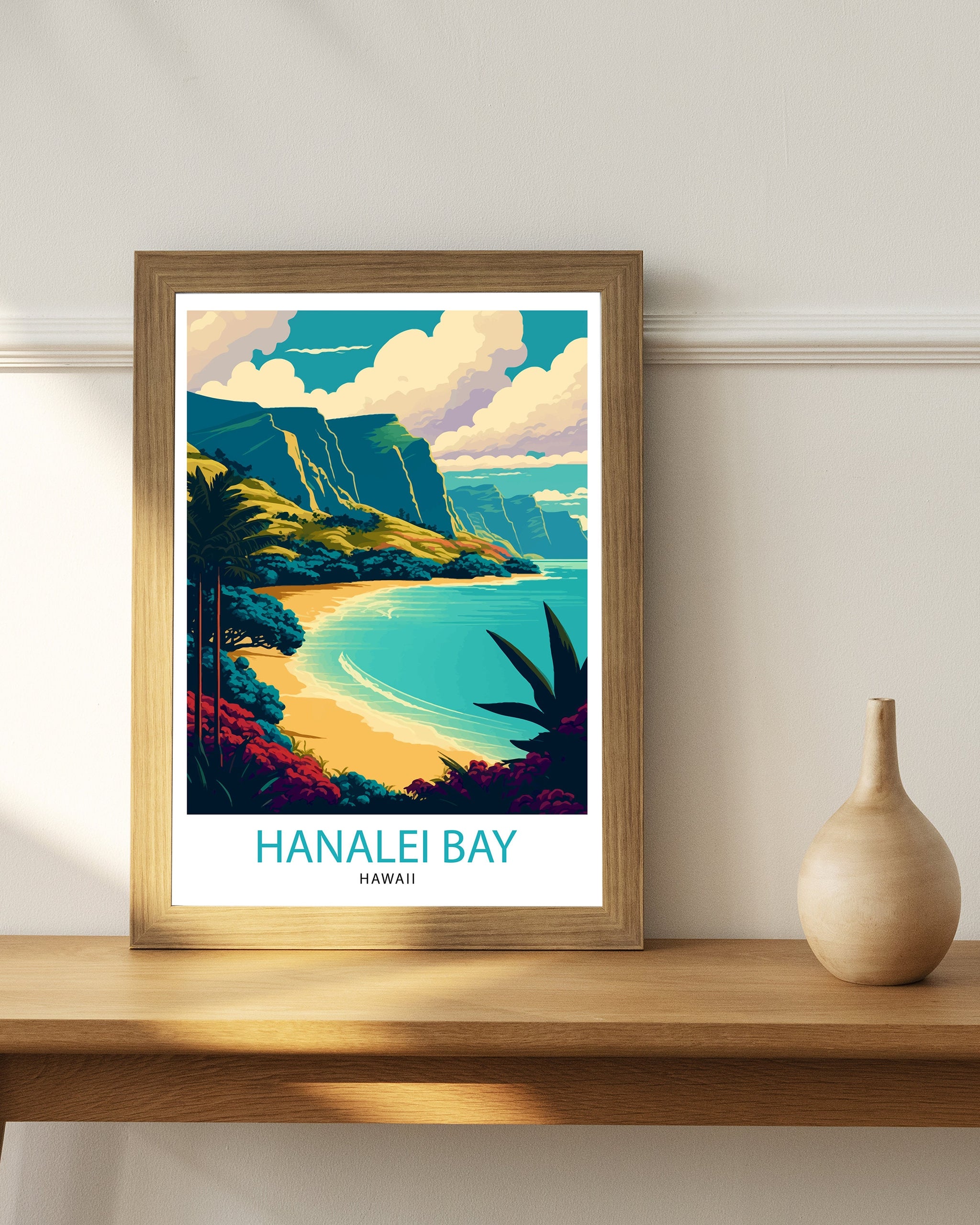 Hanalei Bay Hawaii Travel Poster, Tropical Wall Art