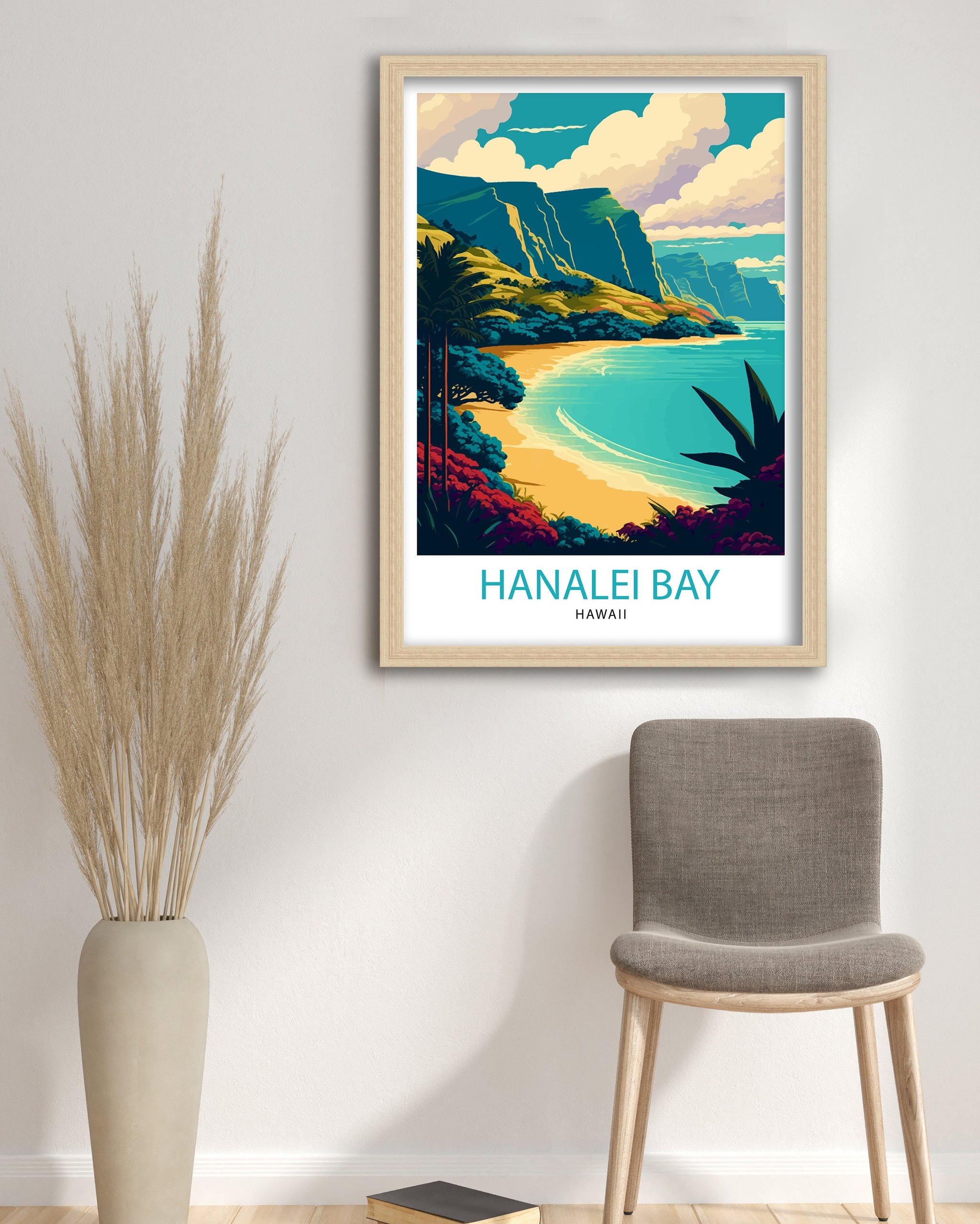 Hanalei Bay Hawaii Travel Poster, Tropical Wall Art