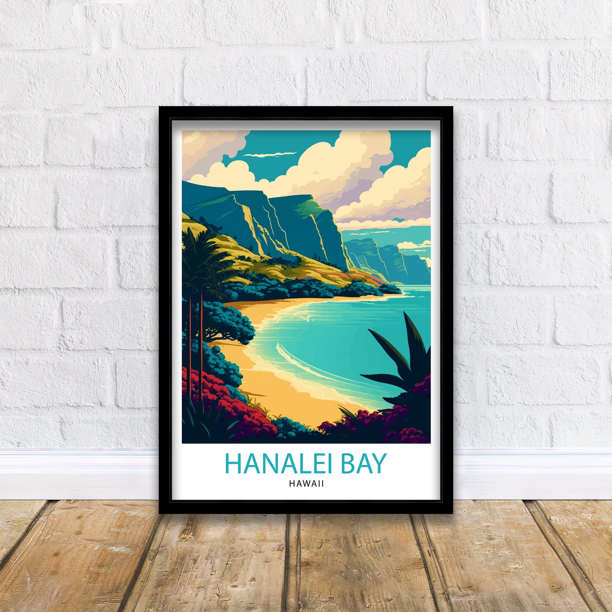 Hanalei Bay Hawaii Travel Poster, Tropical Wall Art