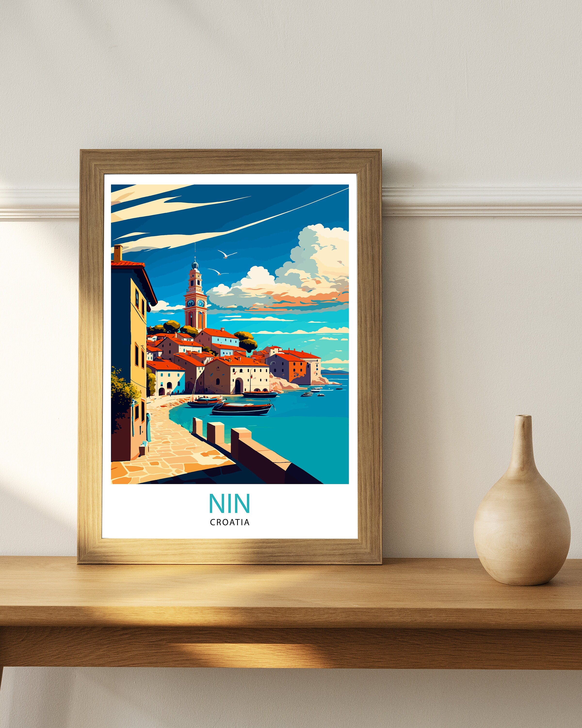 Nin Croatia Travel Poster, Coastal Illustration