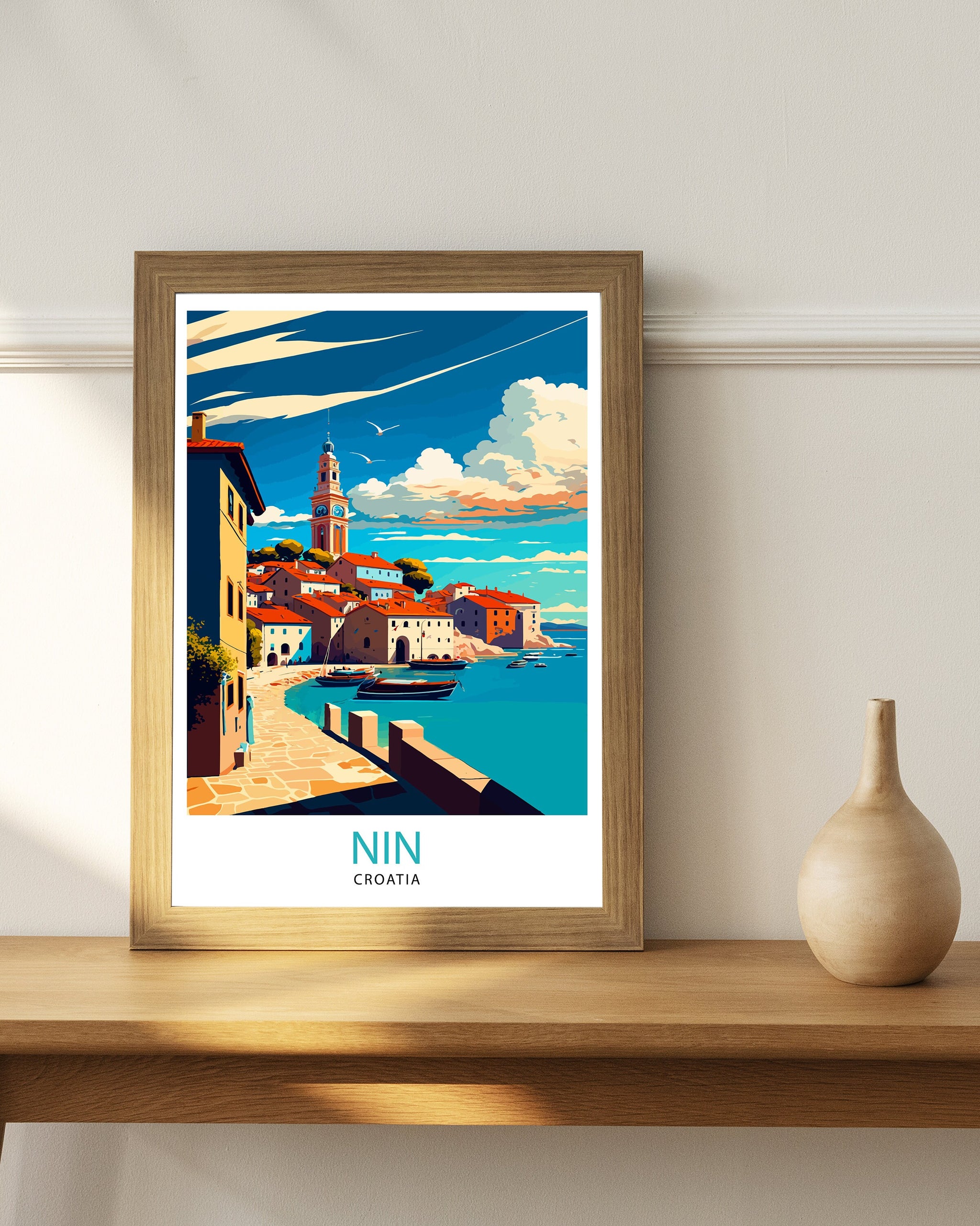 Nin Croatia Travel Poster, Coastal Illustration