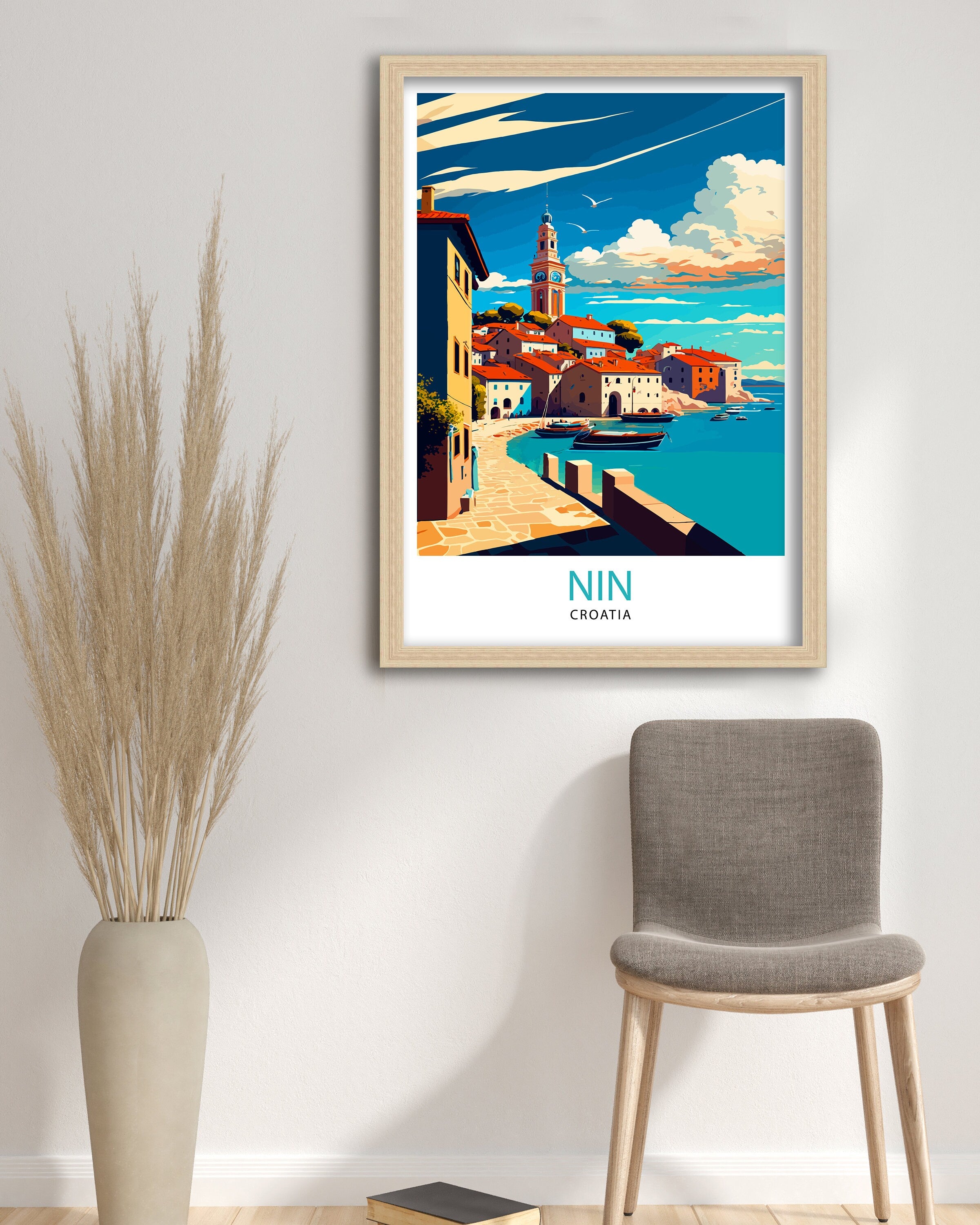 Nin Croatia Travel Poster, Coastal Illustration