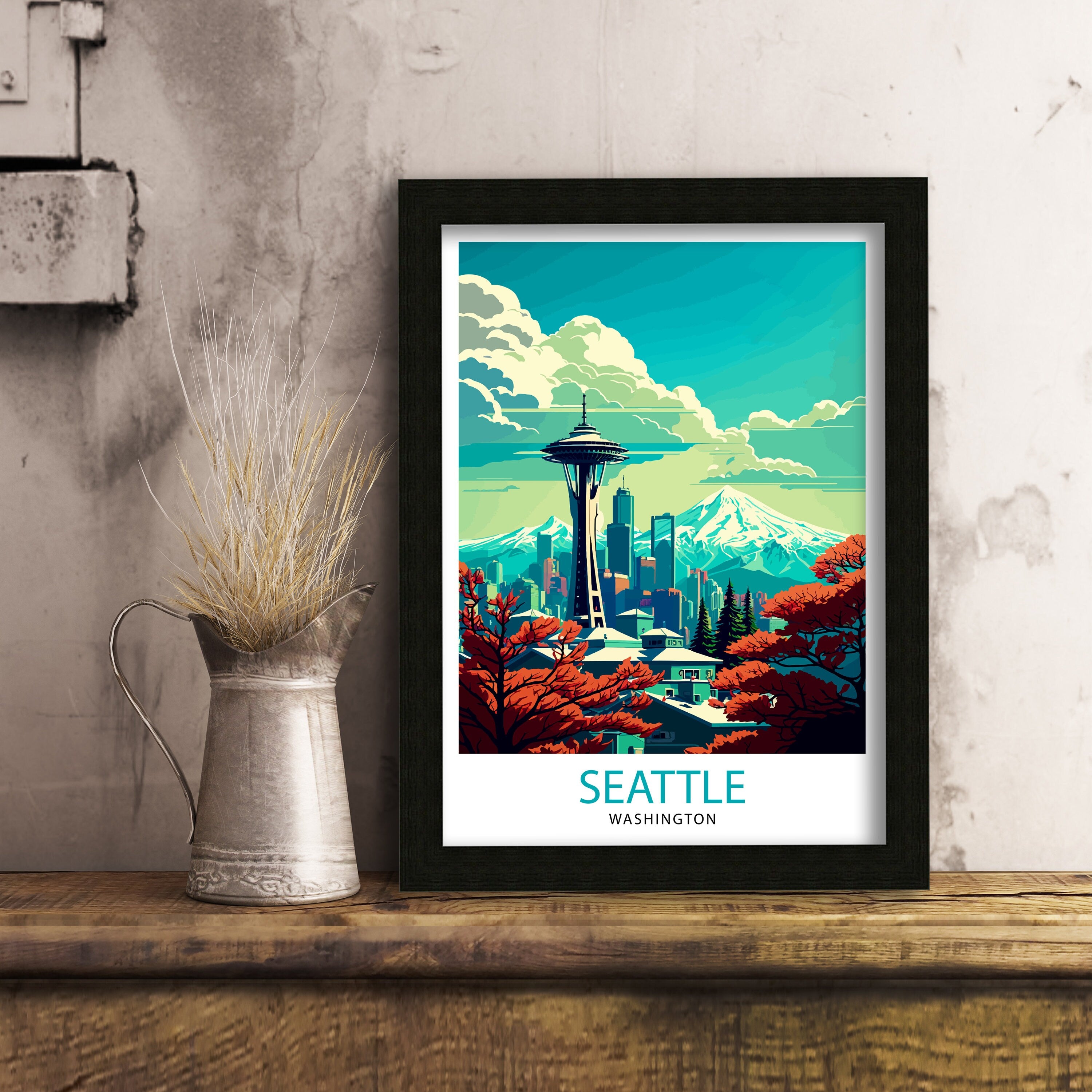 Seattle Travel Poster Print: Emerald City Skyline Art