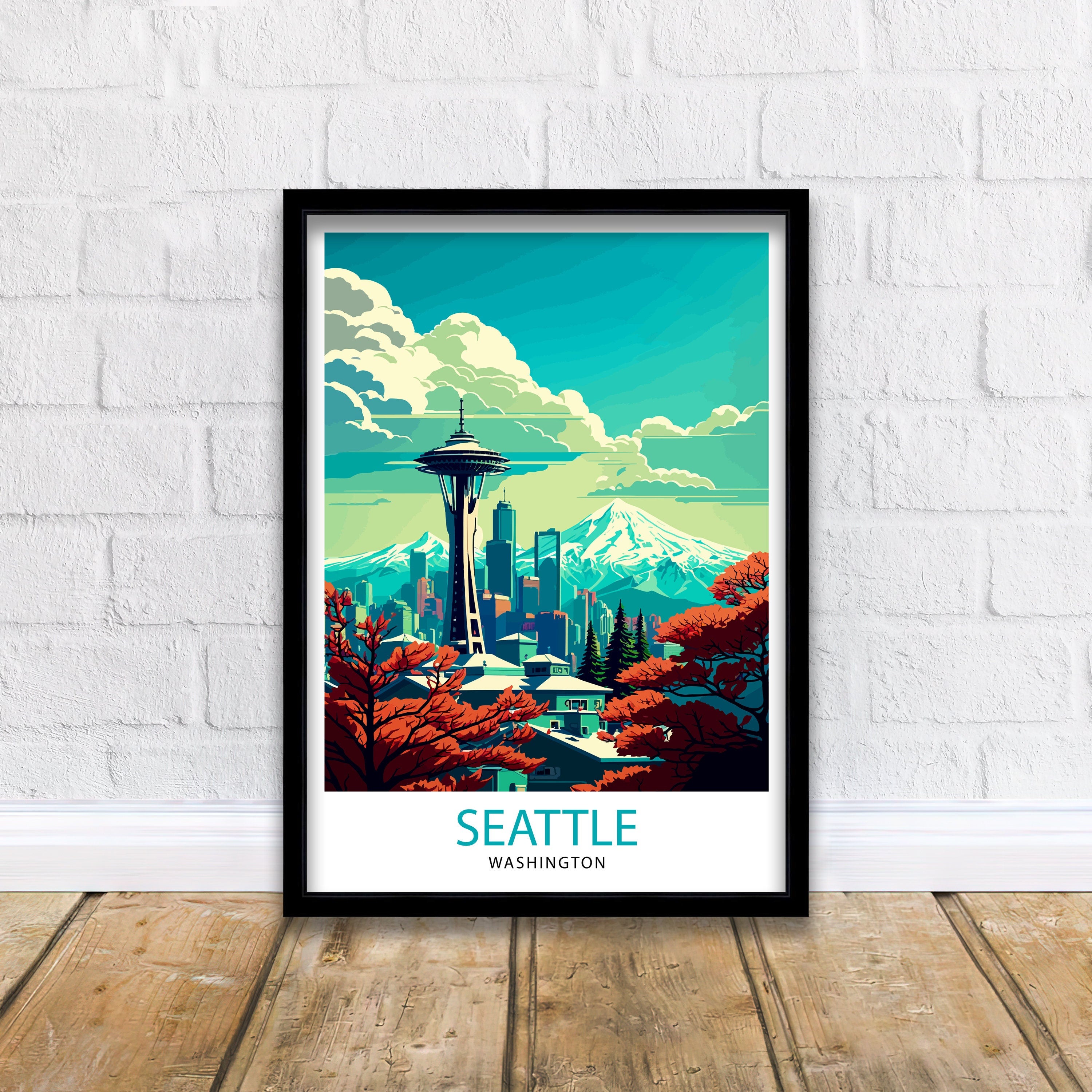 Seattle Travel Poster Print: Emerald City Skyline Art