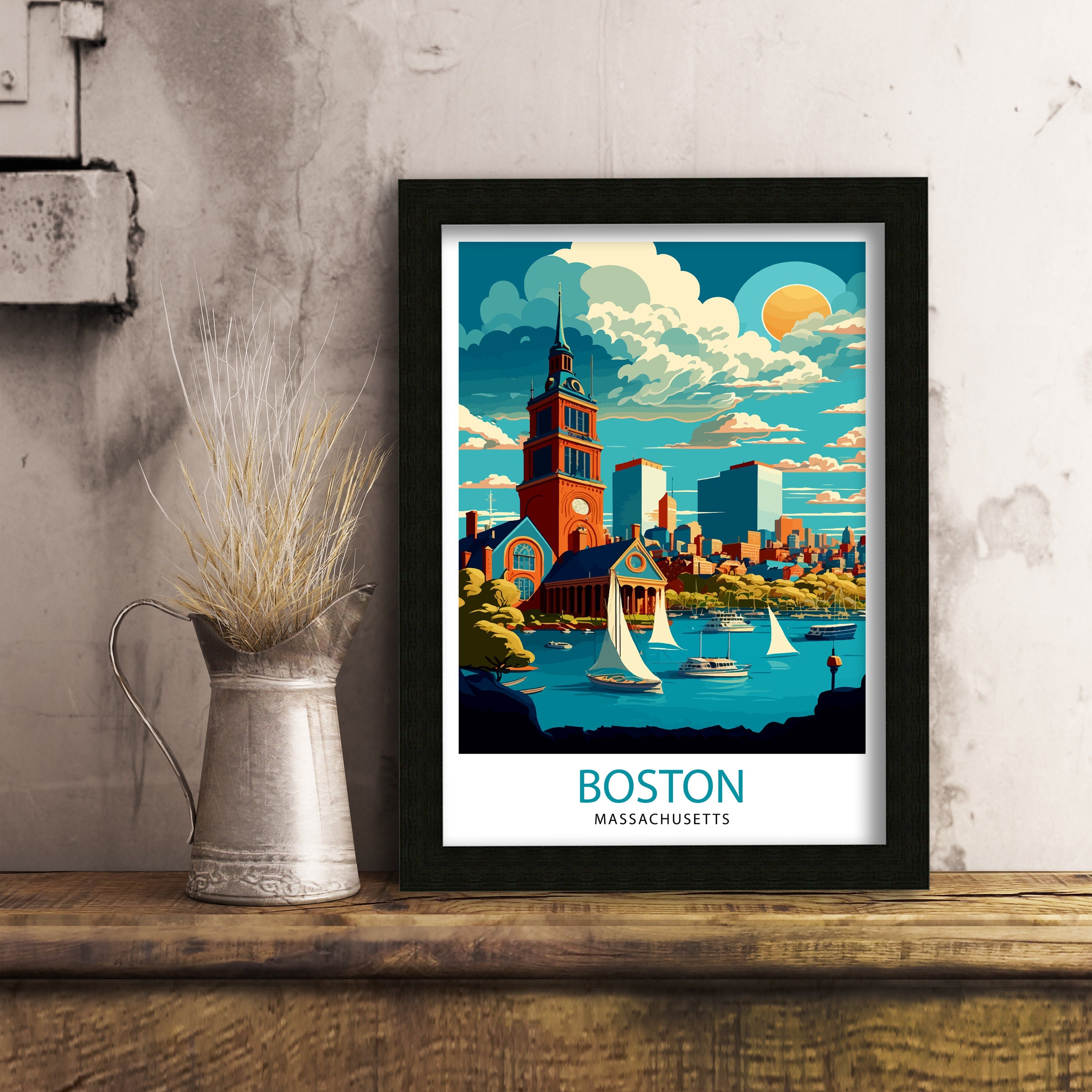 Boston Travel Print| Boston Wall Art Boston Cityscape Boston Massachusetts Illustration Travel Poster Gift For Boston USA Home Decor
