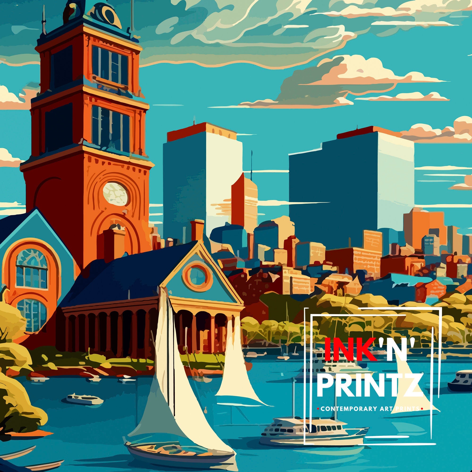 Boston Travel Print| Boston Wall Art Boston Cityscape Boston Massachusetts Illustration Travel Poster Gift For Boston USA Home Decor