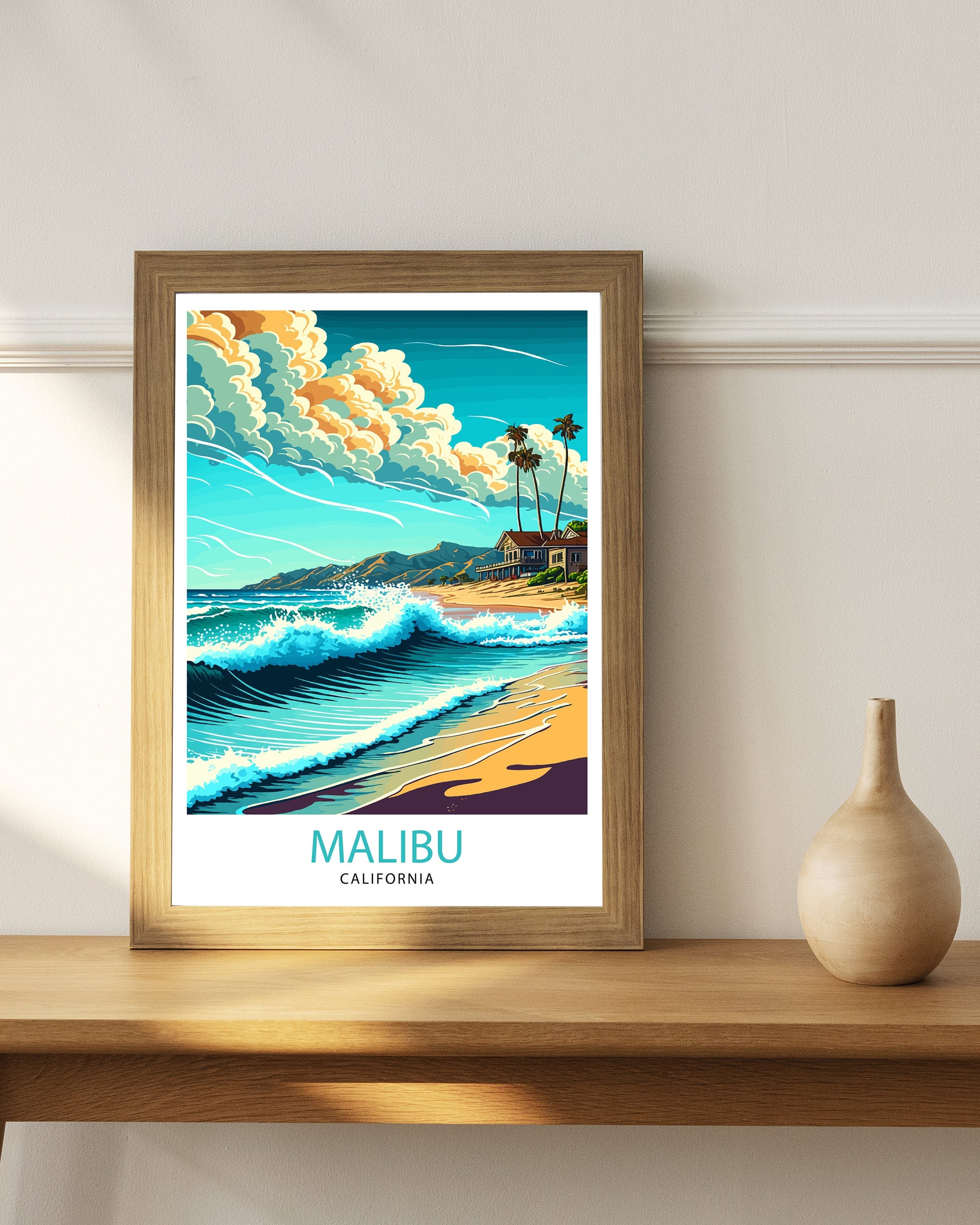 Malibu California Travel Print| Malibu Wall Decor Malibu Home Living Decor Malibu California Illustration Travel Poster Gift For Malibu
