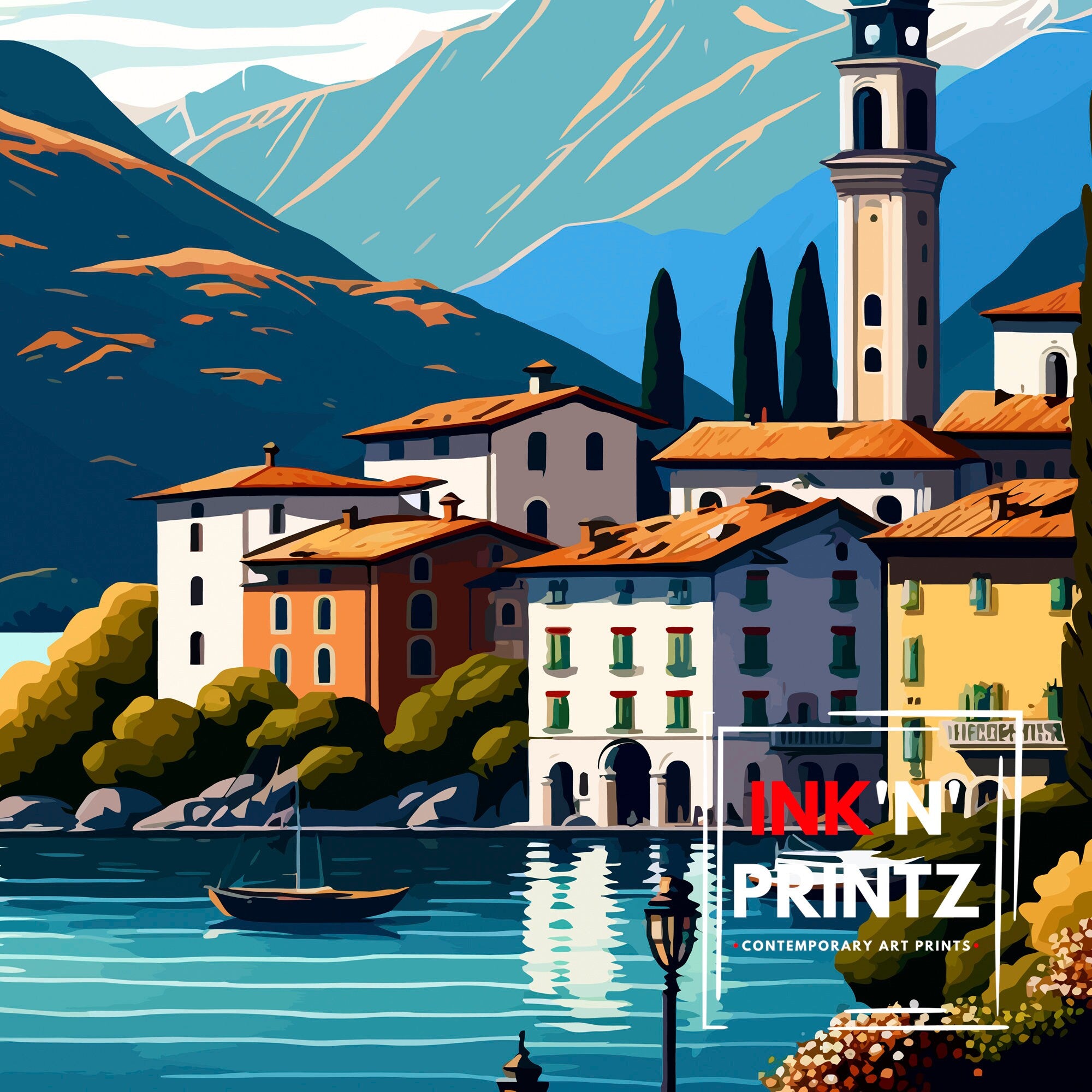 Lake Como Italy Travel Print Wall Decor Home Living Decor Italy Illustration Travel Poster Gift For Italy Home Decor